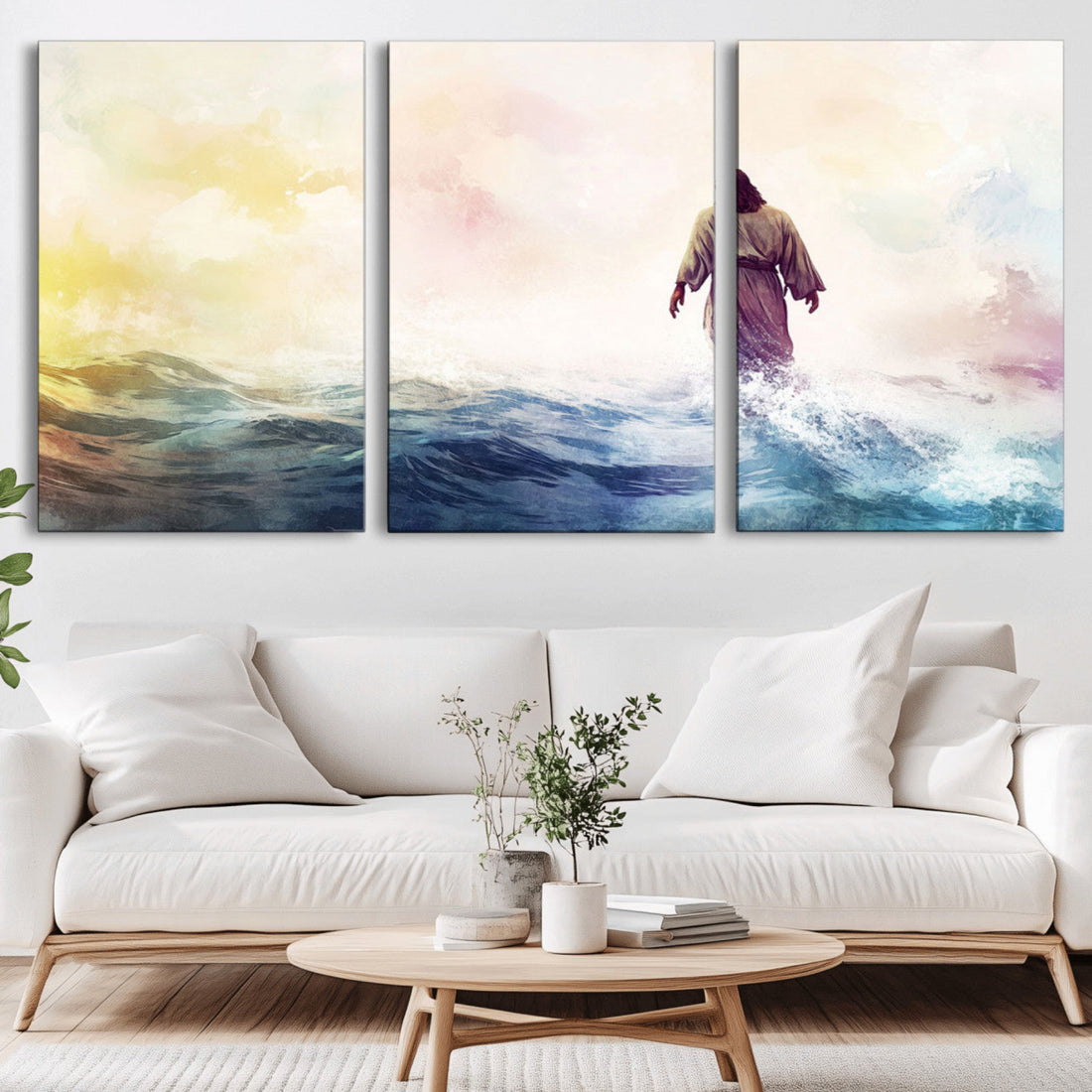 Watercolor Jesus Walking on Water Canvas Print, Christian Wall Art