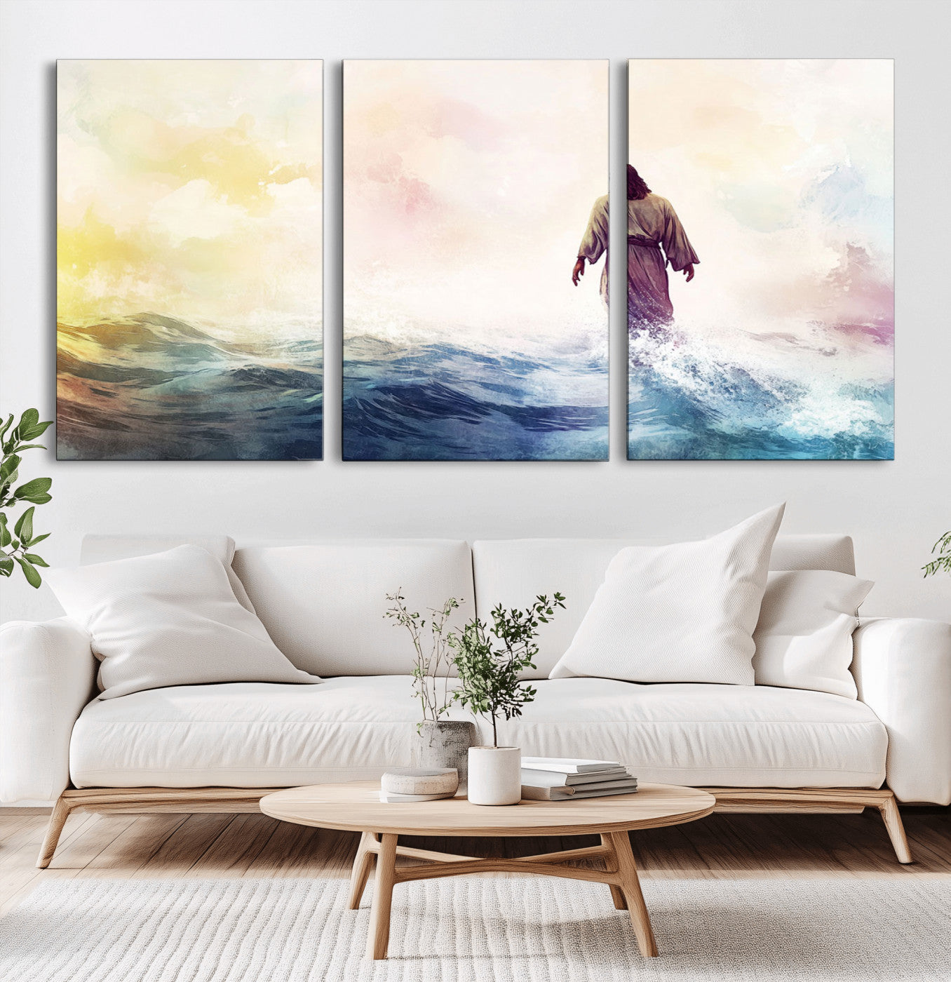 MGV-CV-60X30-3P - Watercolor Jesus Walking on Water Canvas Print, Christian Wall Art, Jesus Christ Walking