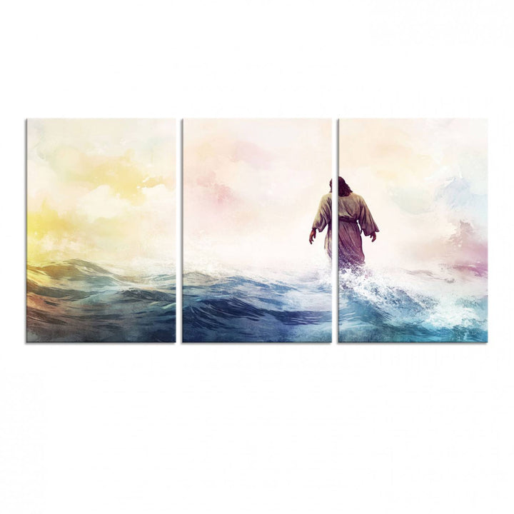 A robed figure strides on water in gentle waves, evoking the Watercolor Jesus Walking on Water canvas art.