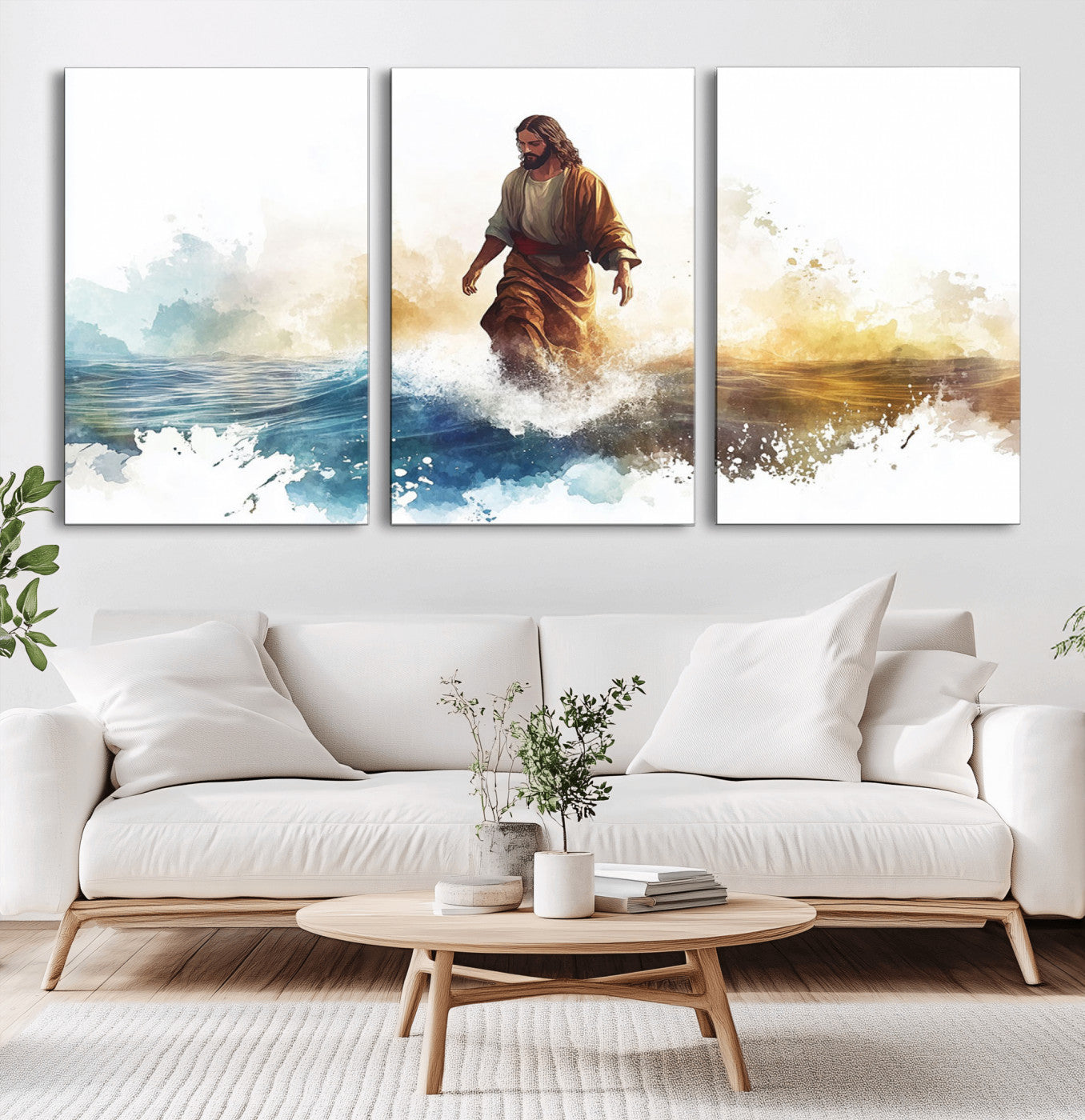MGV-CV-60X30-3P - Watercolor Jesus Walking Wall Art Print, Jesus Water Canvas Print, Christian Wall Art, Jesus Christ