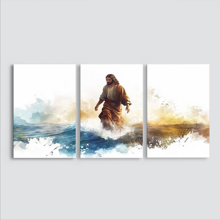 This watercolor canvas print depicts Jesus walking, characterized by abstract splashes against a serene background. It serves as a beautiful piece of Christian wall art.