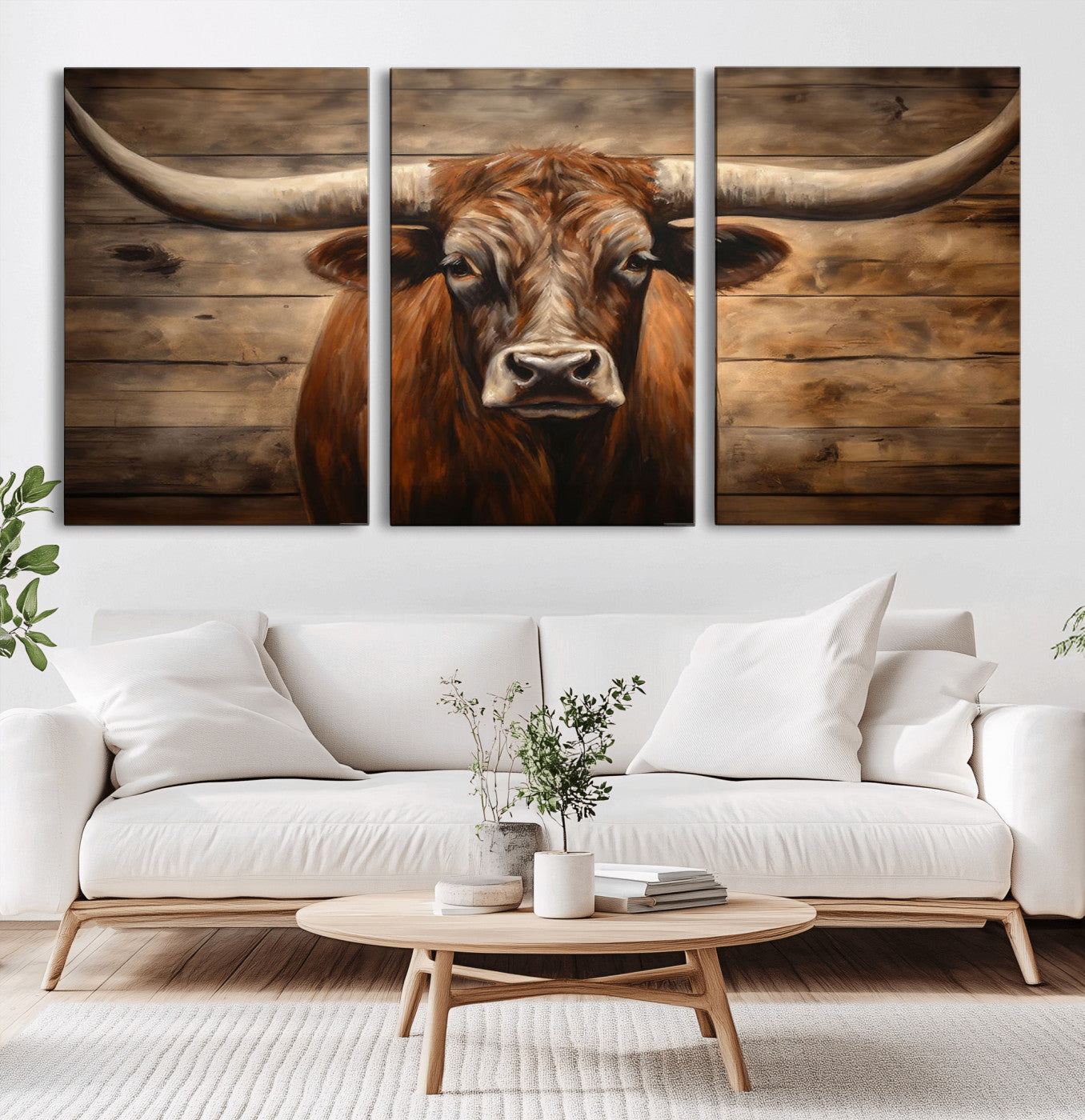 MGV-CV-60X30-3P - Longhorn Bull Wall Art | Canvas Print | Ready to Hang | Rustic Farmhouse Wall Decor | Western Barn