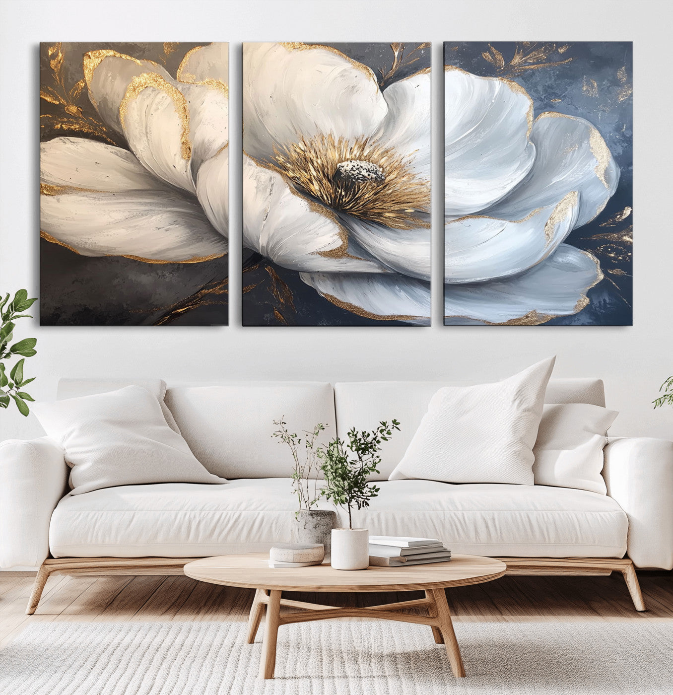 MGV-CV-60X30-3P - White Magnolia Flower Wall Art Canvas Print | Abstract Floral Wall Decor | Elegant Bloom Artwork |