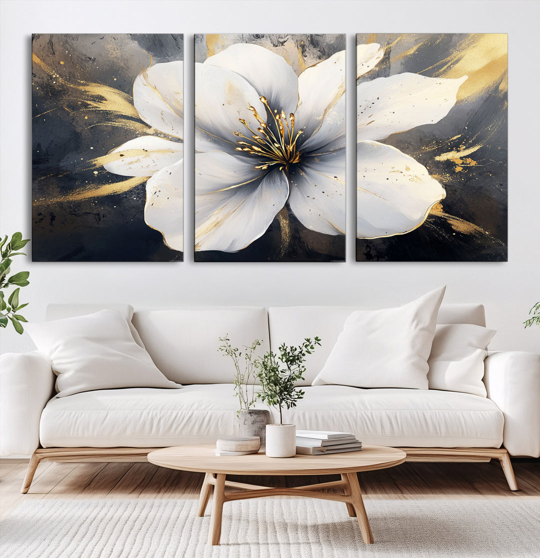 White Flower Wall Art | Canvas Print | Ready to Hang | Abstract Floral Wall Decor | Elegant Bloom Artwork | Framed for Living Room or Bedroom