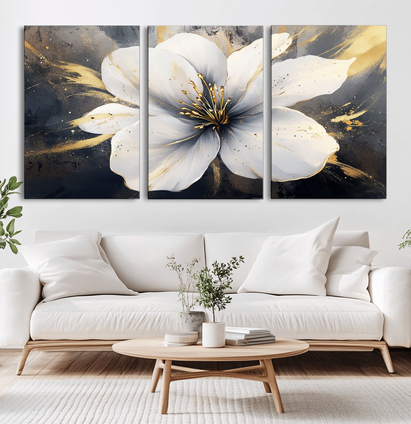 MGV-CV-60X30-3P - White Flower Wall Art Canvas Print | Ready to Hang | Abstract Floral Wall Decor | Elegant Bloom