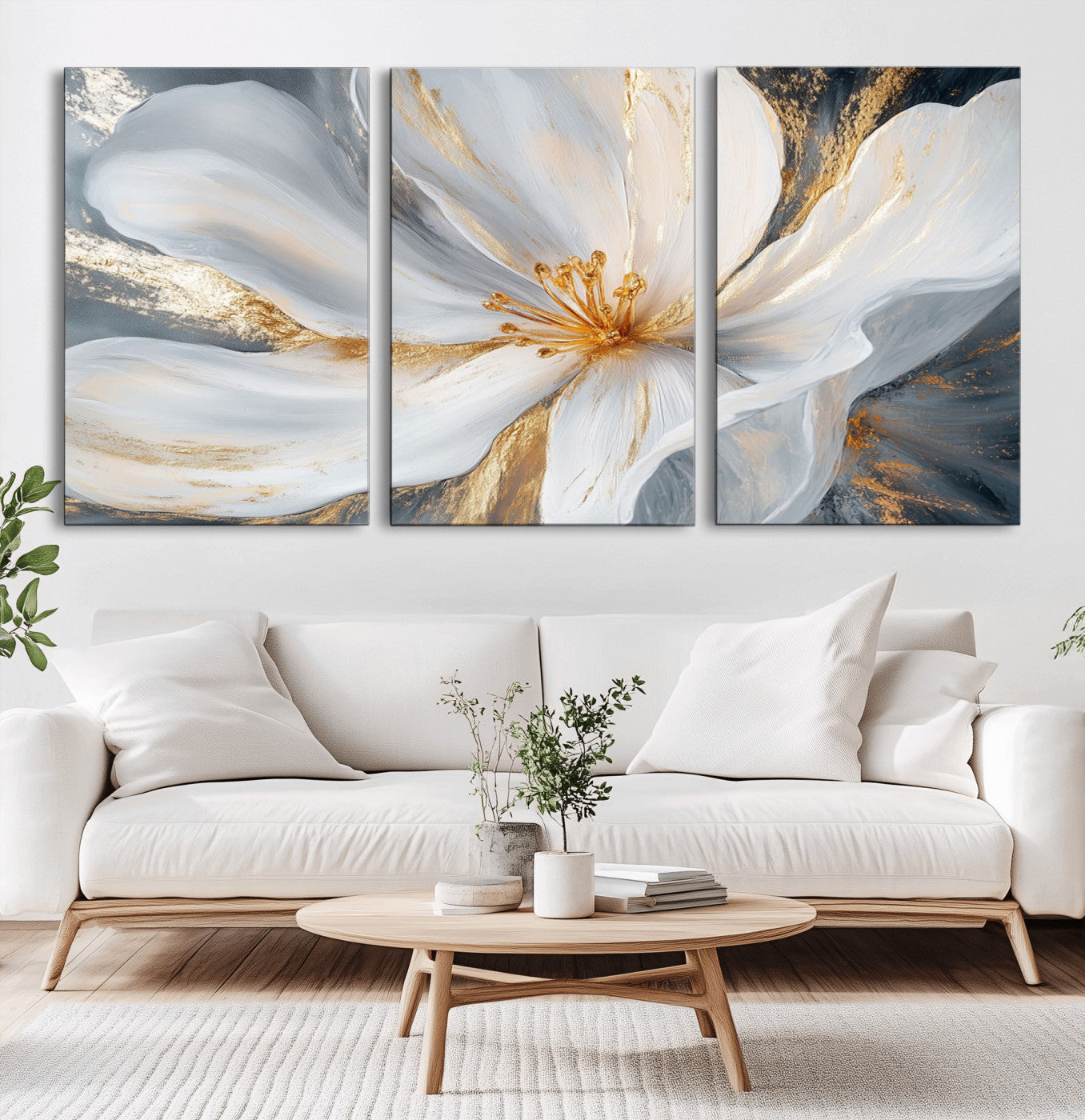 MGV-CV-60X30-3P - White and Gold Floral Canvas Wall Art - Framed and Ready to Hang - Perfect for Modern Living Rooms
