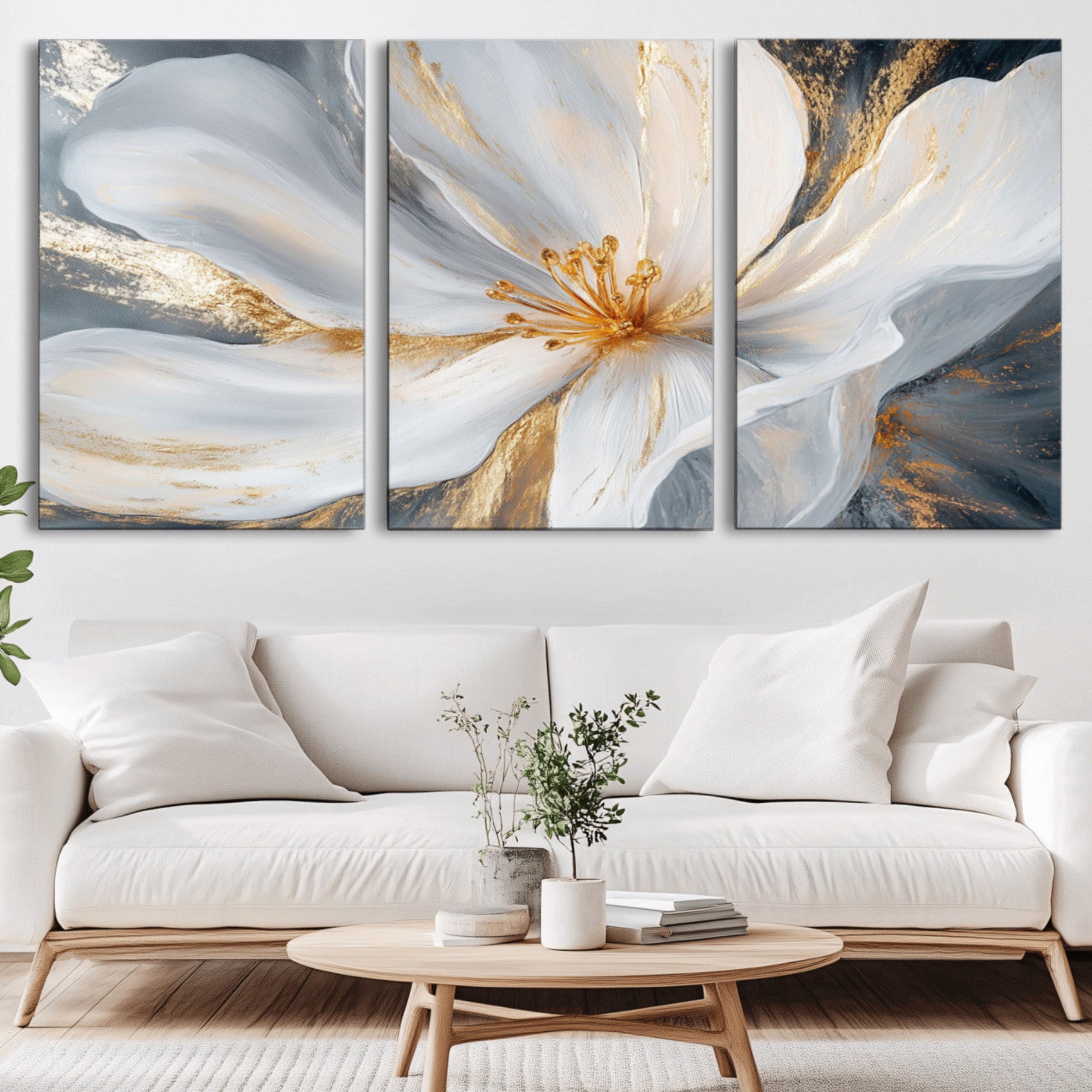 83149-MGV-CV-36X24-White and Gold Floral Canvas Wall Art - Framed and Ready to Hang - Perfect for Modern Living Rooms