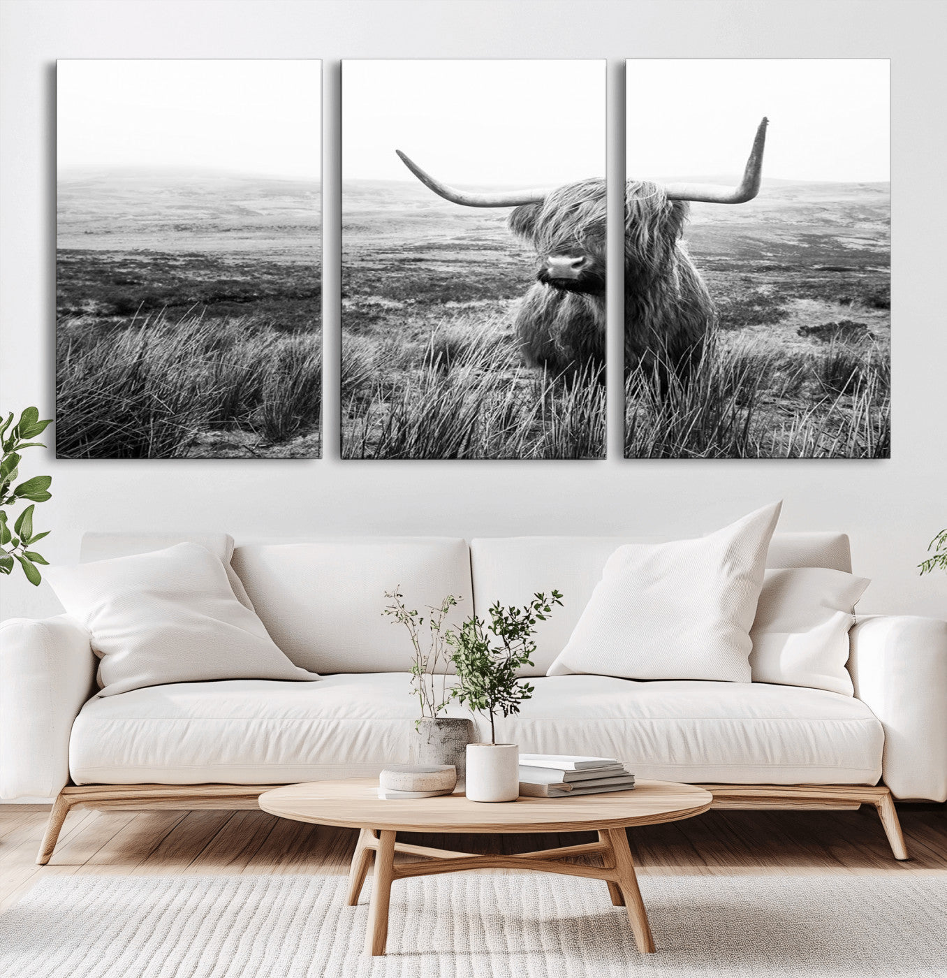 MGV-CV-60X30-3P - Scottish Highland Cow Wall Art | Black and White Canvas Print | Ready to Hang and Framed | Rustic