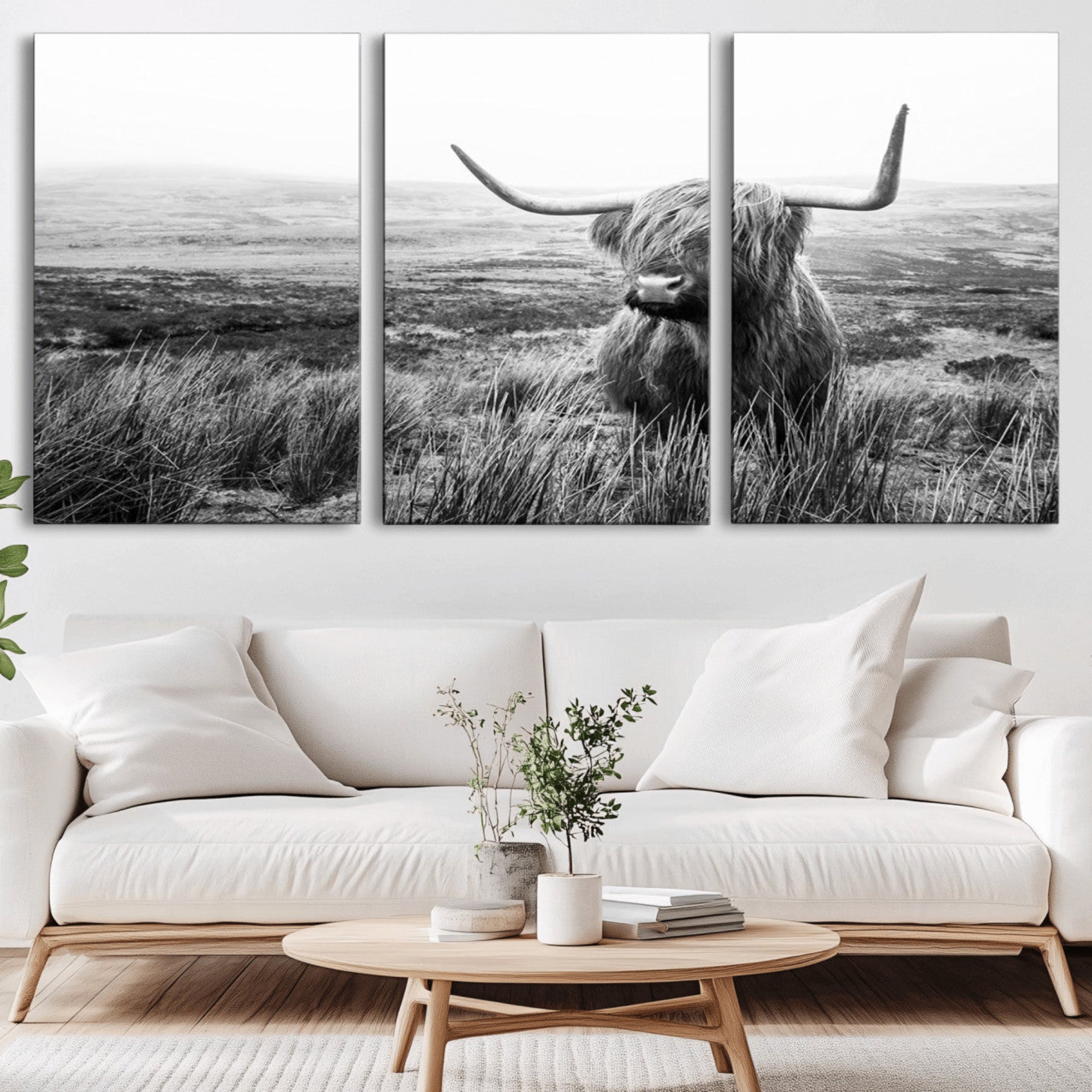 80826-MGV-CV-36X24-Scottish Highland Cow Wall Art | Black and White Canvas Print | Ready to Hang and Framed | Rustic