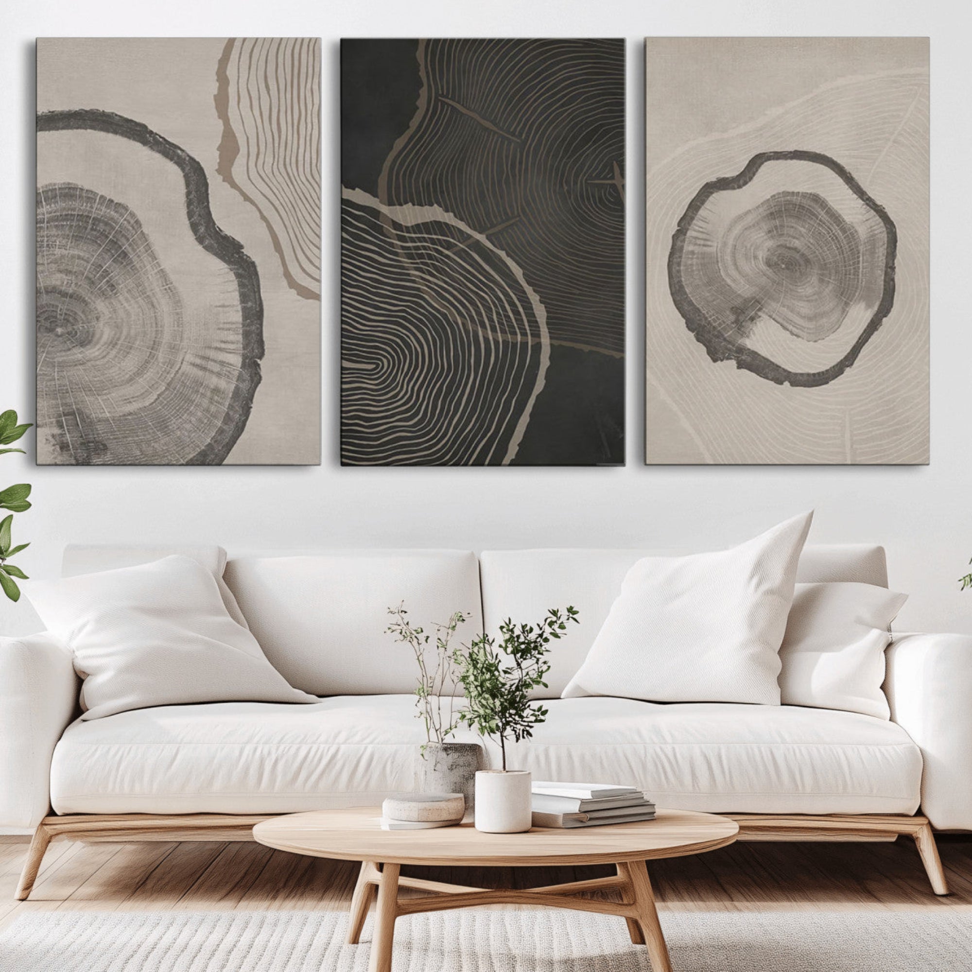 25407-MGV-CV-36X24-Modern Abstract Tree Ring Canvas Art Set | 3 Panel Large Tree Ring Design for Living Room, Office,