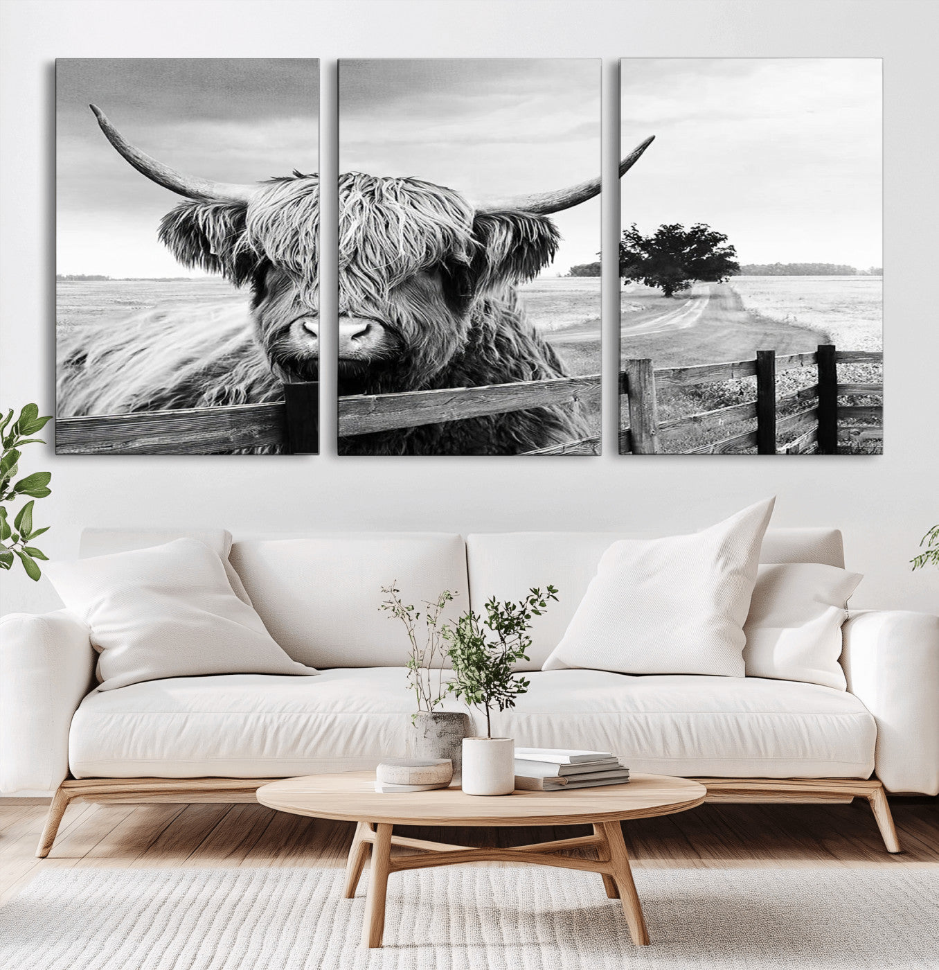 -Scottish Highland Cow Wall Art | Rustic Farmhouse Décor | Black and White Ready to Hang Canvas Print