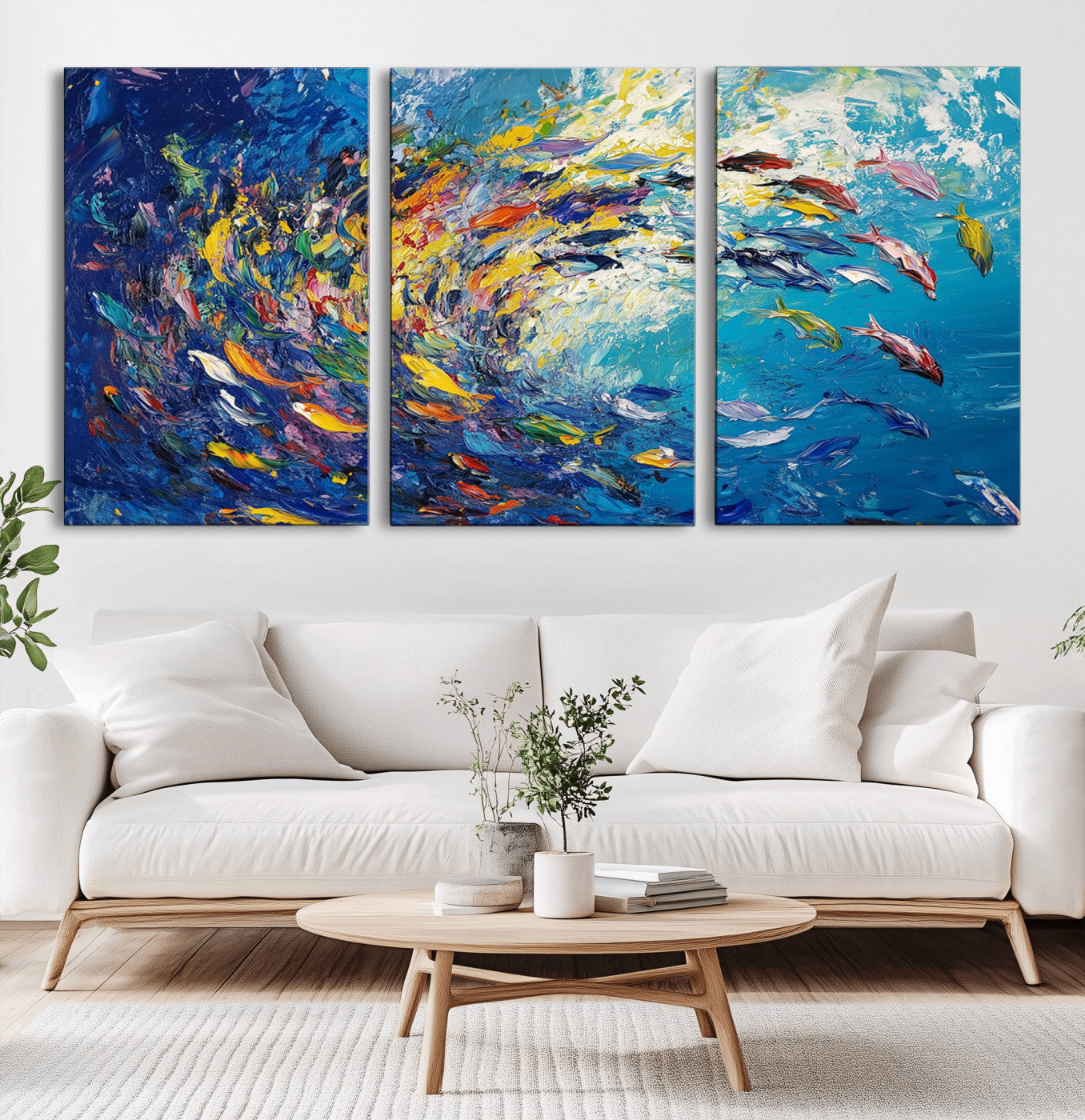 MGV-CV-60X30-3P - Colorful Swirling Fish School Wall Art Canvas Print | Oceanic Abstract Painting | Ready to Hang |