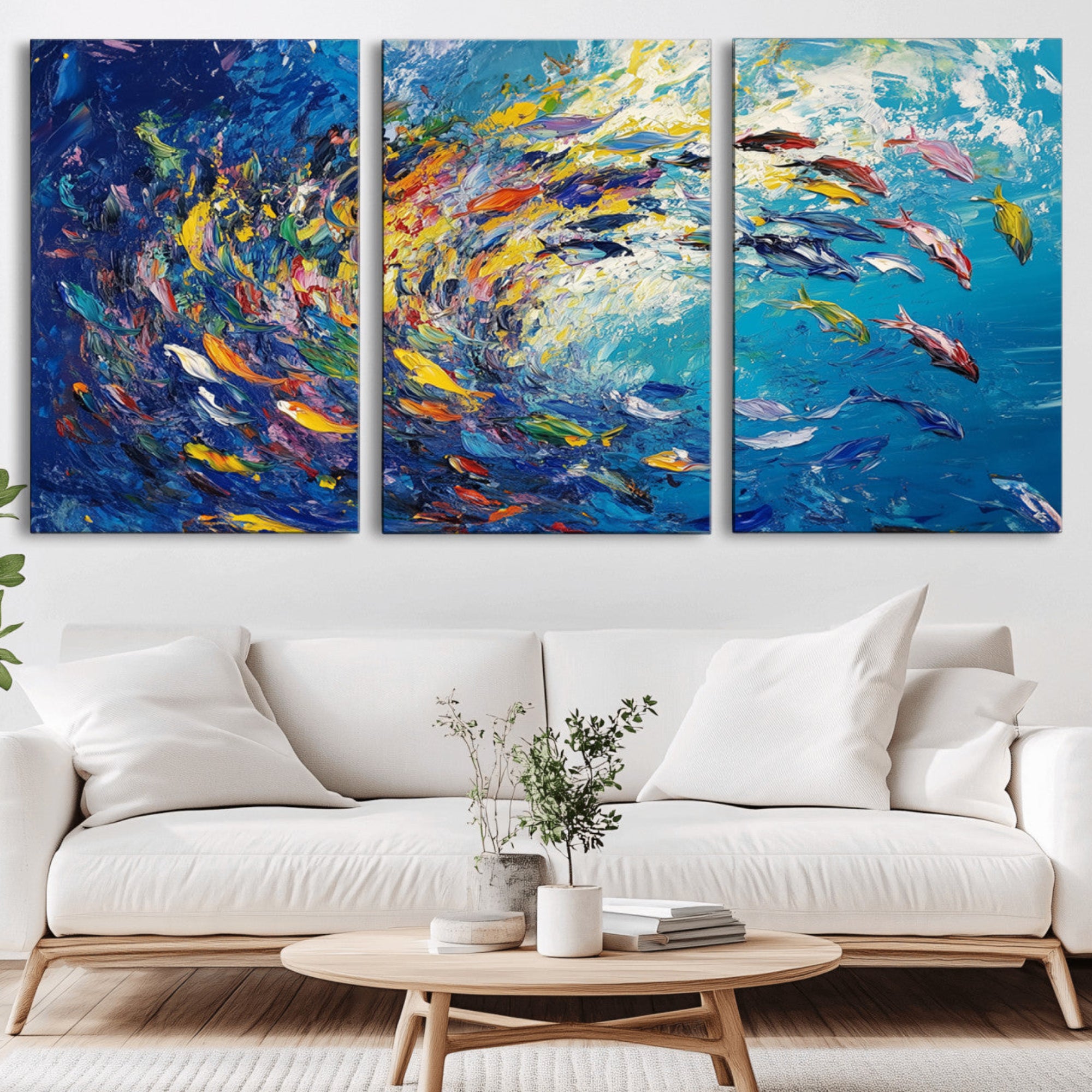 -Colorful Swirling Fish School Wall Art Canvas Print | Oceanic Abstract Painting | Ready to Hang |