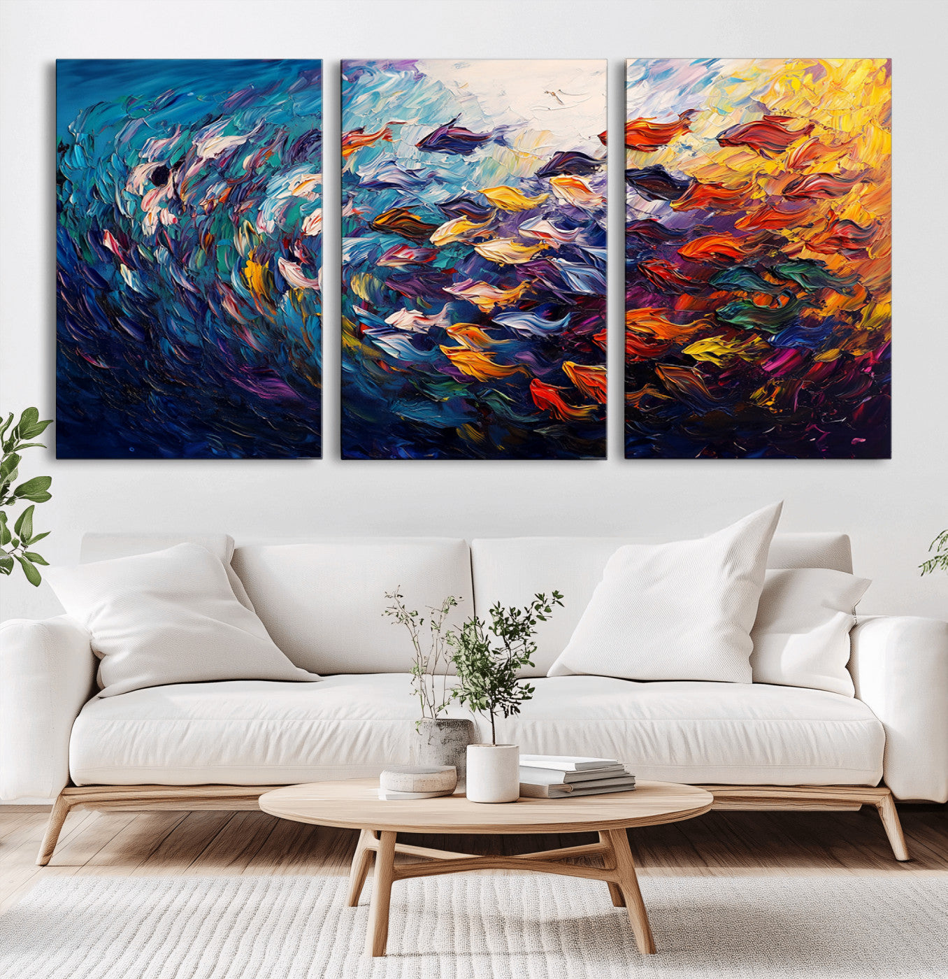 MGV-CV-60X30-3P - Vibrant Abstract Fish Swarm Art – Colorful Fish Inspired 3-Piece Canvas Wall Art for Living Room or