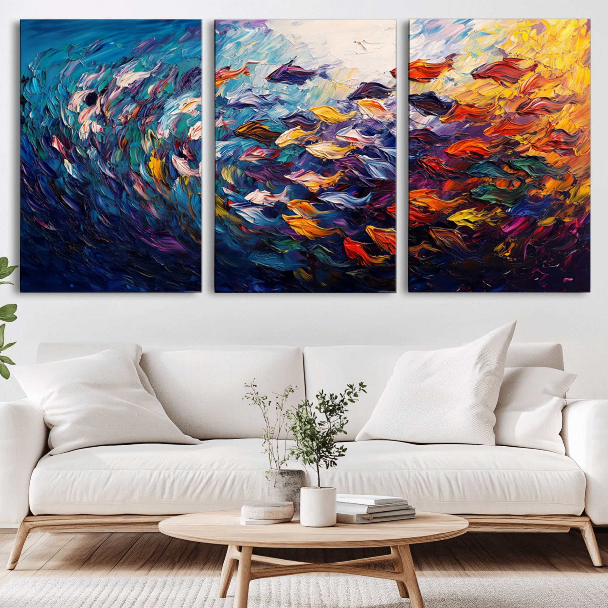 78292-MGV-CV-36X24-Vibrant Abstract Fish Swarm Art – Colorful Fish Inspired 3-Piece Canvas Wall Art for Living Room or