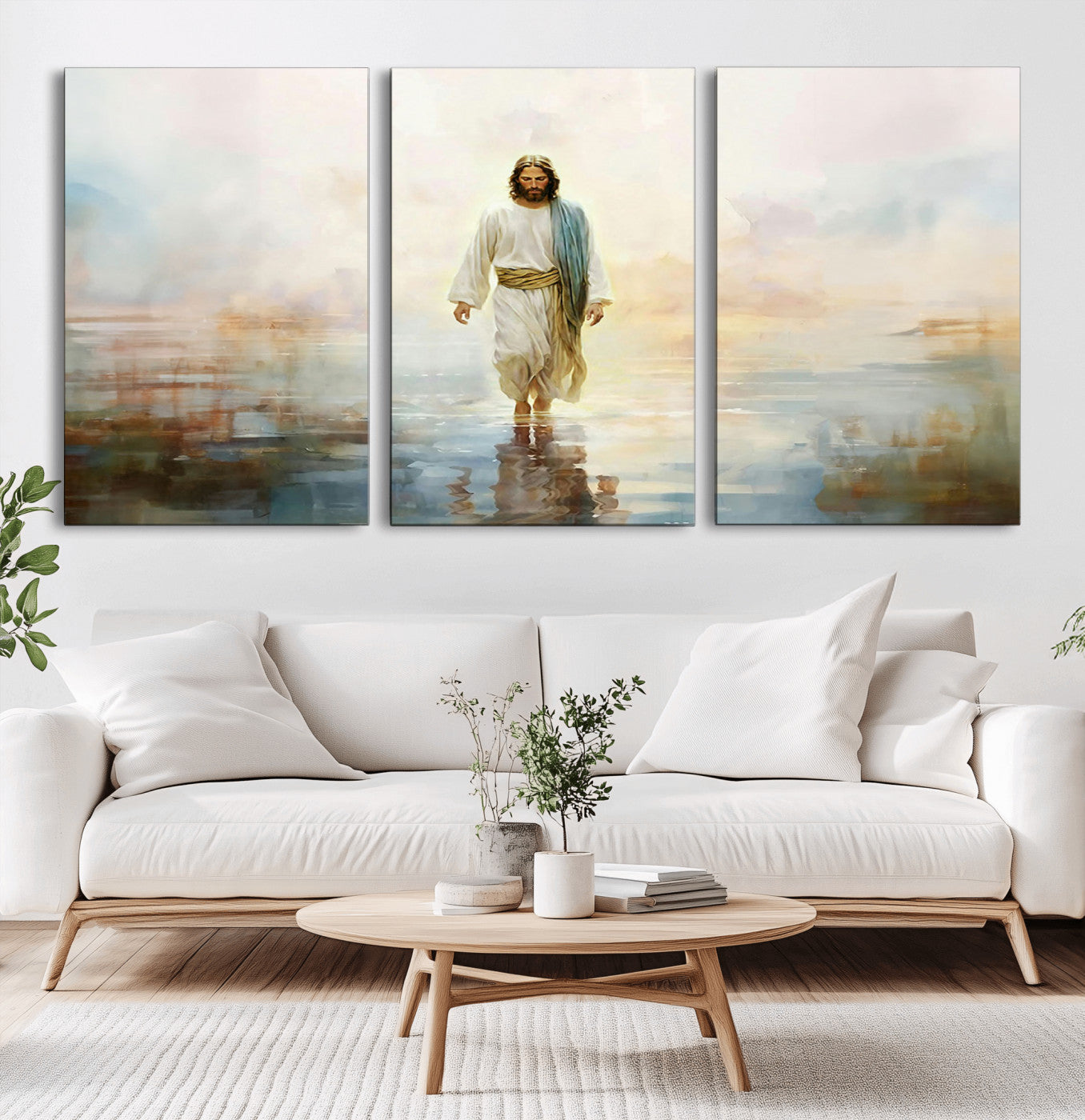 MGV-CV-60X30-3P - Framed Jesus Walking on Water Wall Art - 3-Panel Christian Canvas Prints, Religious Artwork for