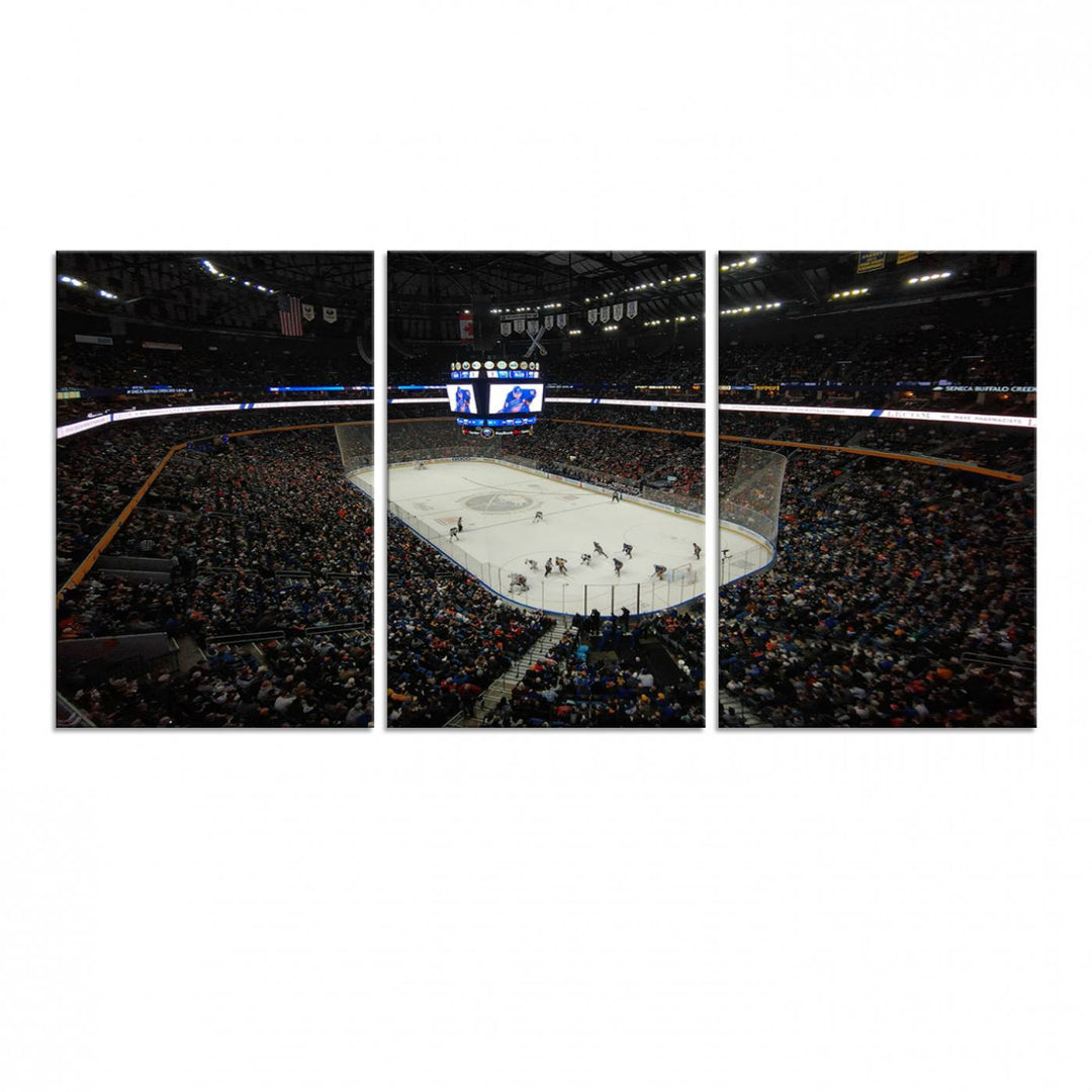 The wall art captures the essence of a Buffalo Sabres game on ice at KeyBank Center, making it deserving of a premium canvas print.