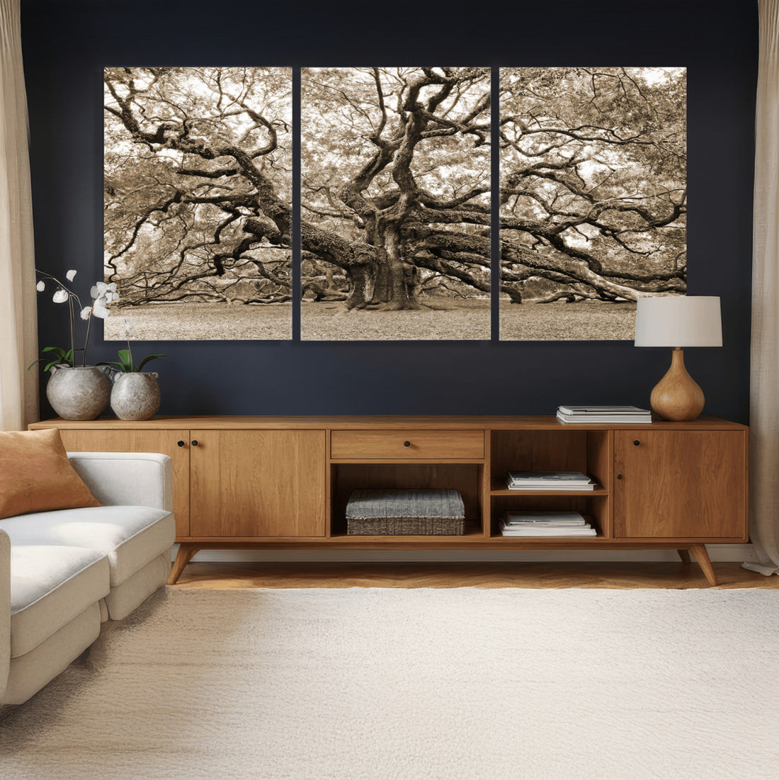 Sepia Framed Angel Oak Tree Wall Art, 3 Panel Canvas Prints