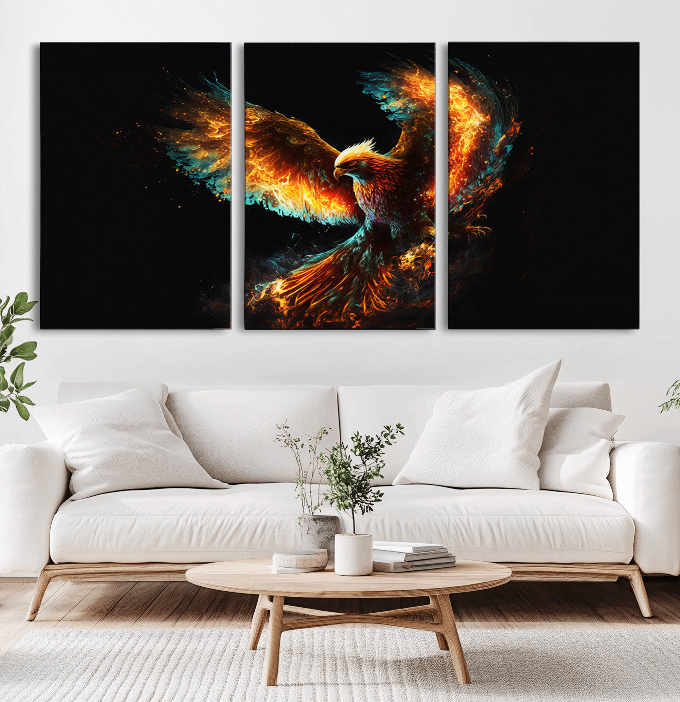 MGV-CV-60X30-3P - Fiery Phoenix Canvas Print | Ready to Hang Wall Art | Bold Fantasy Decor for Living Room | Majestic