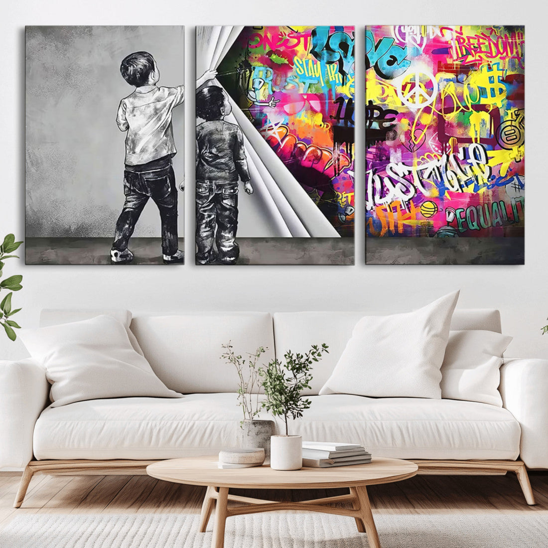 Banksy Print, Street Art Canvas Wall Art, Kids Revealing Graffiti, Urban Modern Decor