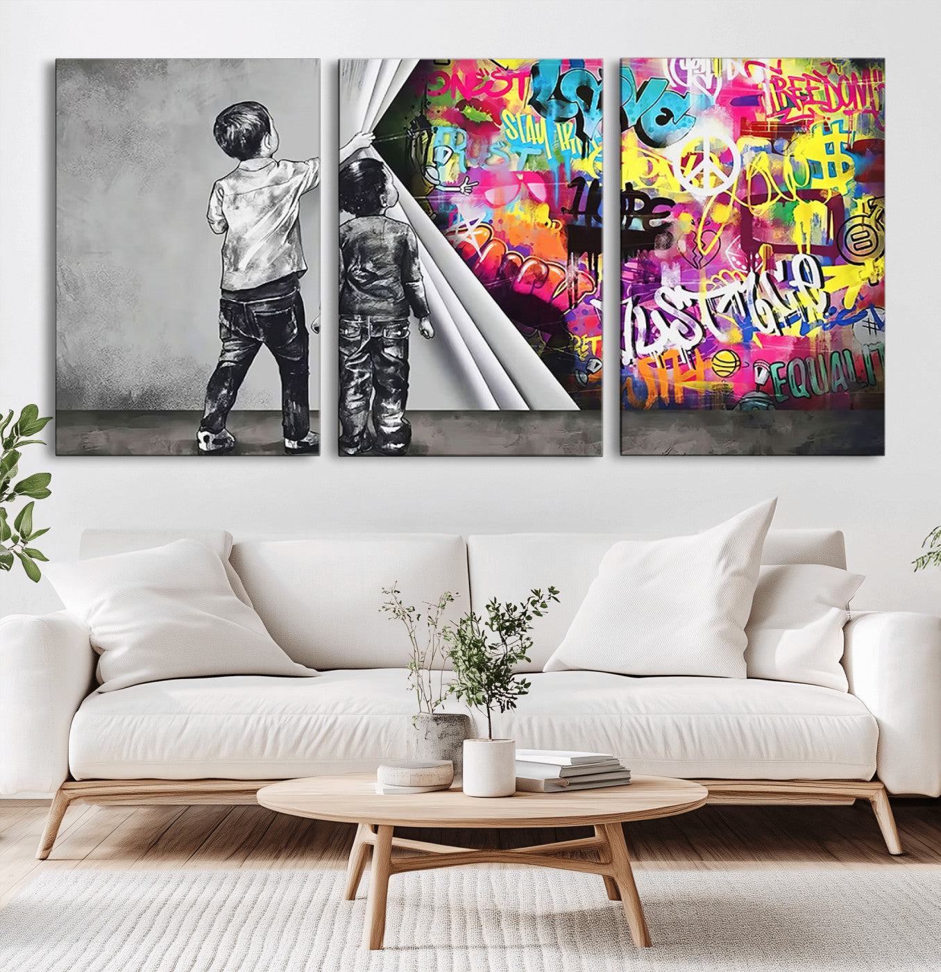 MGV-CV-60X30-3P - Banksy Print - Street Art Canvas Wall Art - Kids Revealing Graffiti, Urban Modern Decor for Living