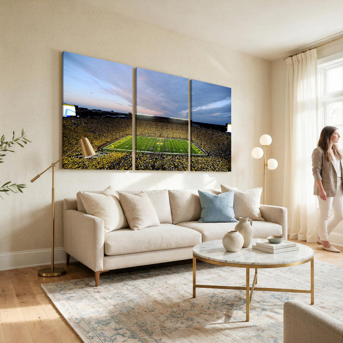 82641-MGV-CV-36X24 - Michigan Stadium Wall Art Canvas Print – Framed Football Field Scene with Marching Band Artwork for Home, Office