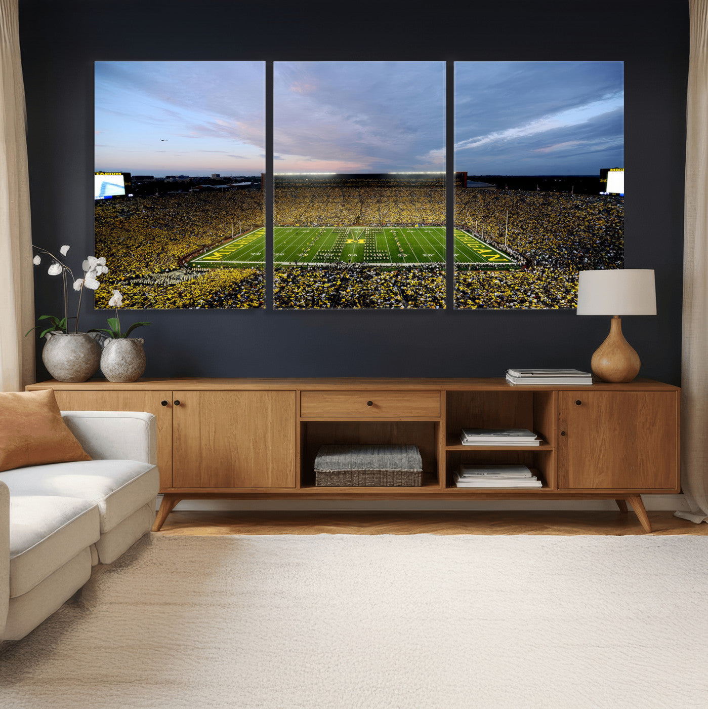 82641-MGV-CV-36X24 - Michigan Stadium Wall Art Canvas Print, Vibrant Game Day Crowd and Sunset Sky Football Field Artwork for Home, Office