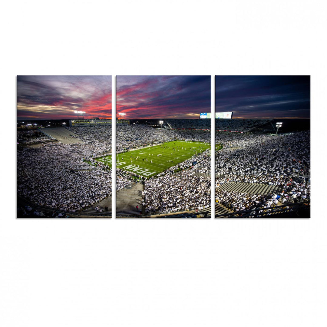 A sunset print on a canvas wall art piece captures the scene of white-clad fans at Beaver Stadium for the Nittany Lions game.