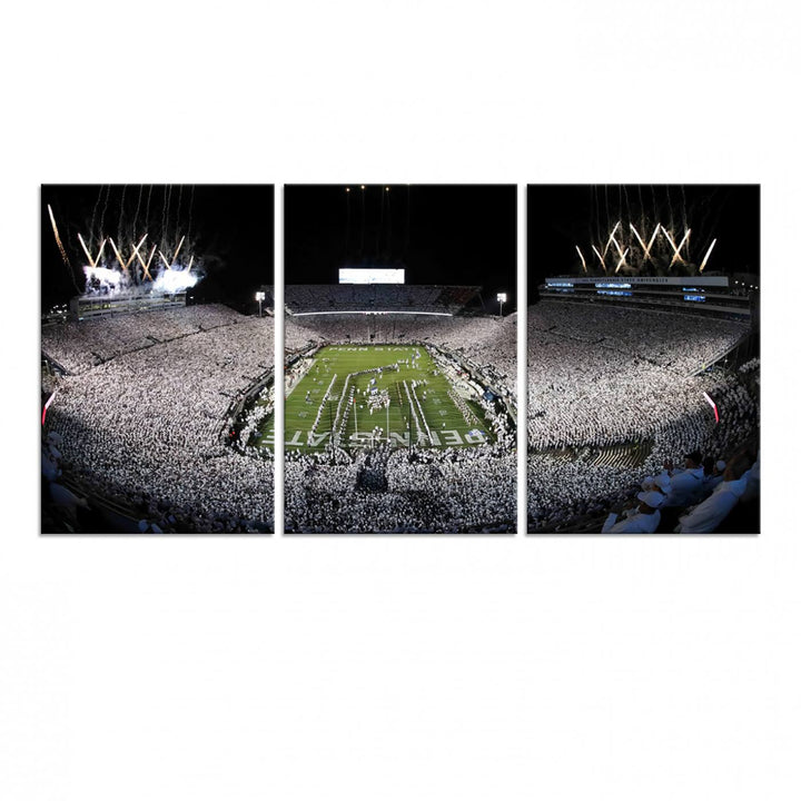 Wide-angle print of a packed stadium with fireworks, ideal gallery-quality wall art - Penn State Nittany Lions Canvas.