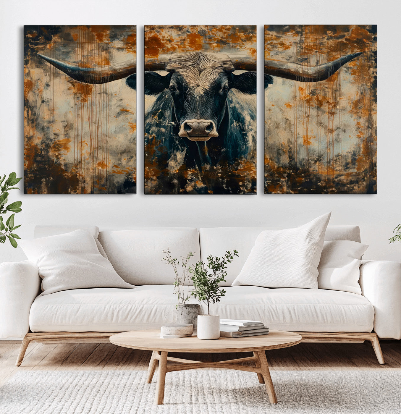 MGV-CV-60X30-3P - Abstract Longhorn Bull Wall Art | Rustic Western Wall Decor | Framed and Ready to Hang | Ideal for