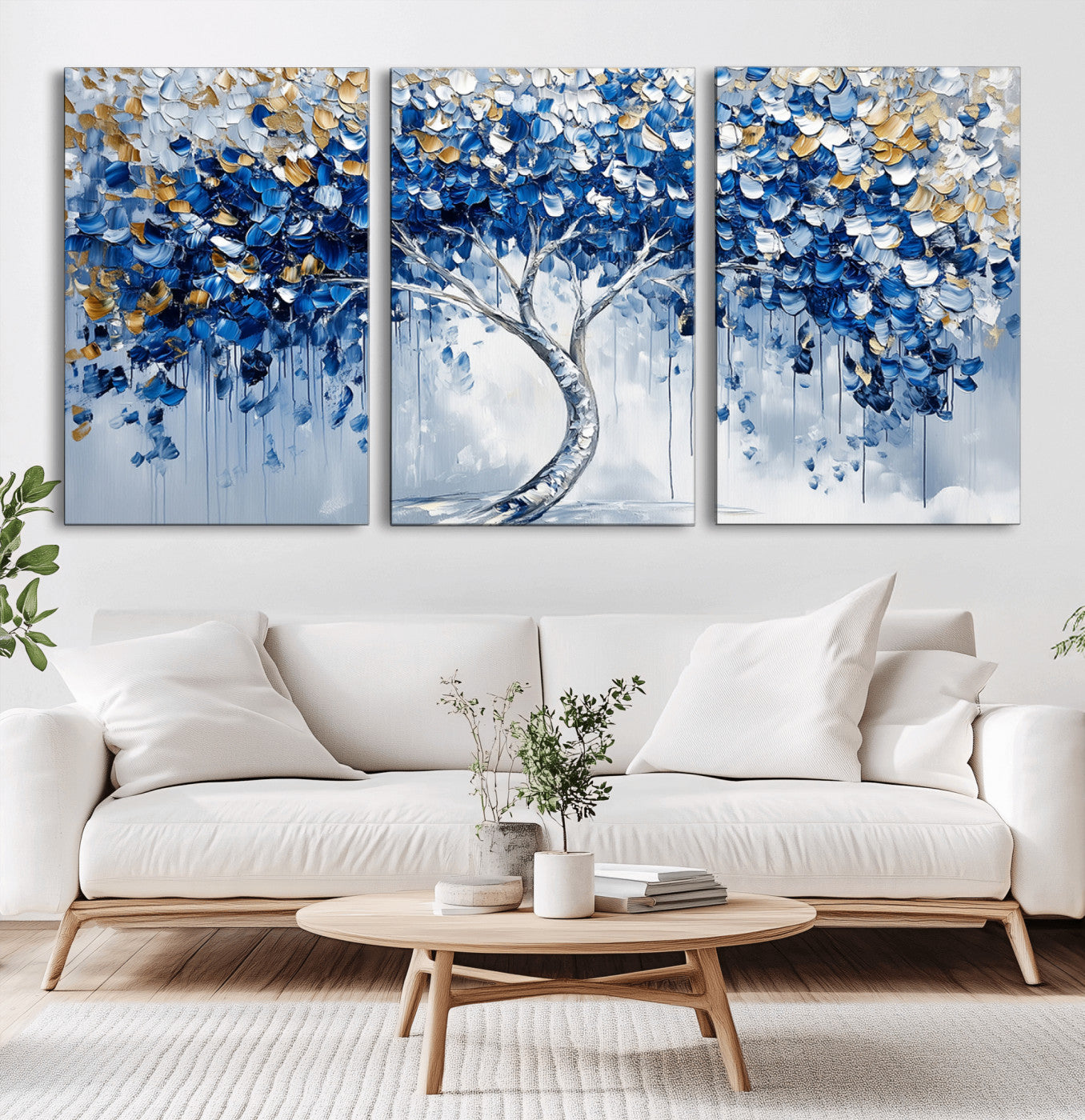 MGV-CV-60X30-3P - Blue and Gold Abstract Tree Wall Art Canvas Print | Modern Tree of Life Painting | Framed Canvas