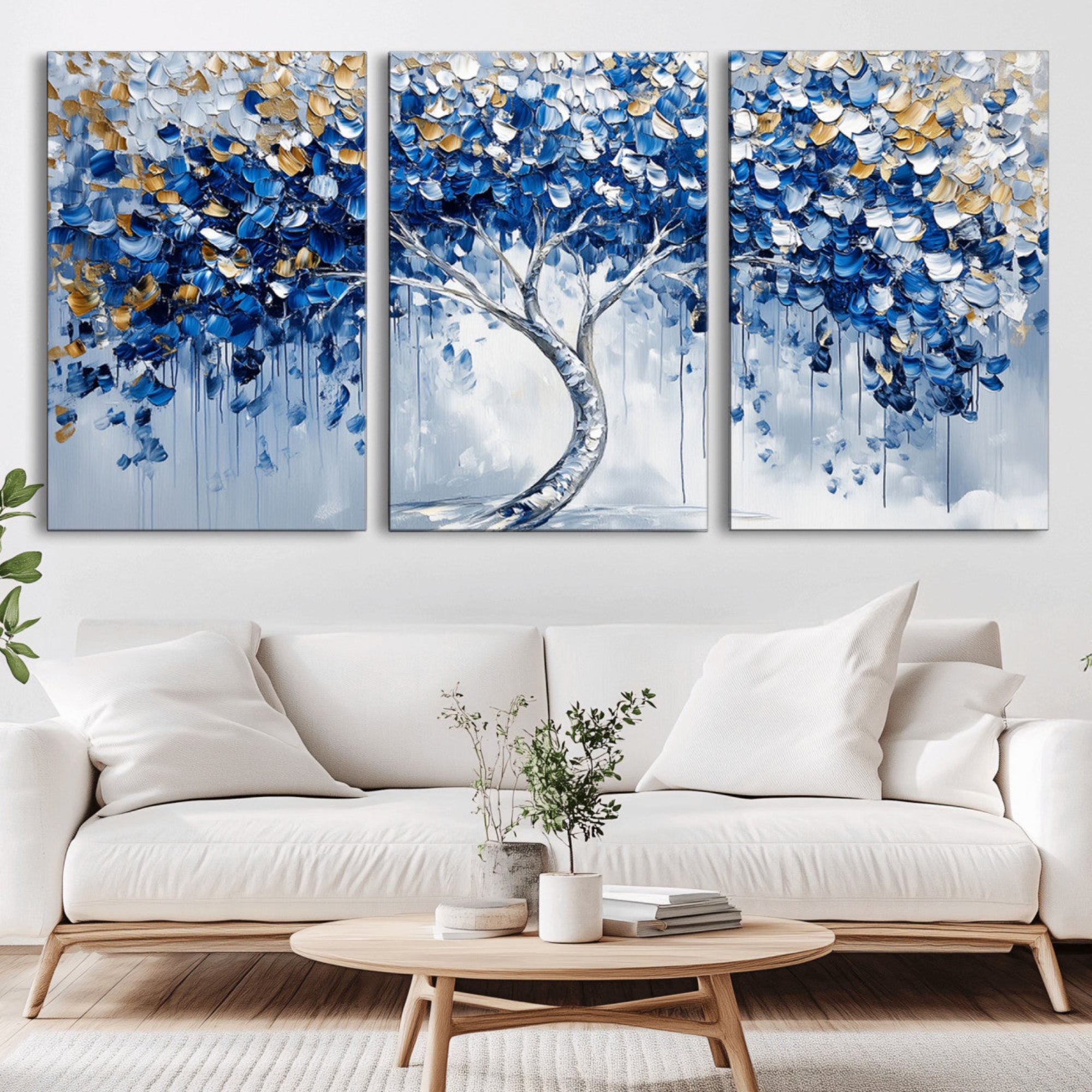 62350-MGV-CV-36X24-Blue and Gold Abstract Tree Wall Art Canvas Print | Modern Tree of Life Painting | Framed Canvas