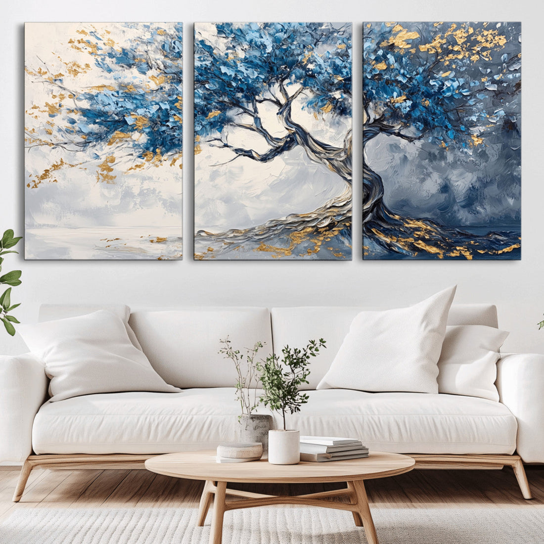 Abstract Tree Painting Canvas Wall Art | Tree of Life Print in Blue and Gold