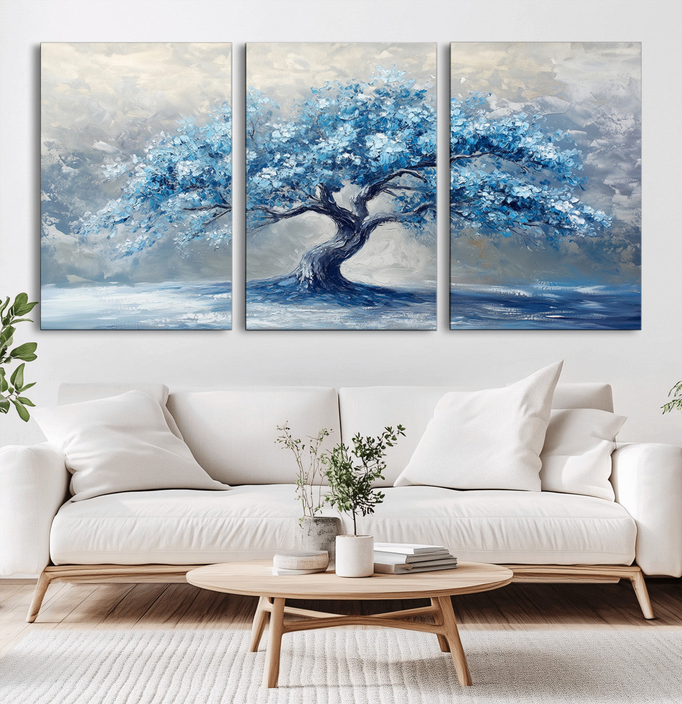 MGV-CV-60X30-3P - Abstract Blue Tree Art Canvas Print, Majestic Tree Wall Art Print for Farmhouse Decor