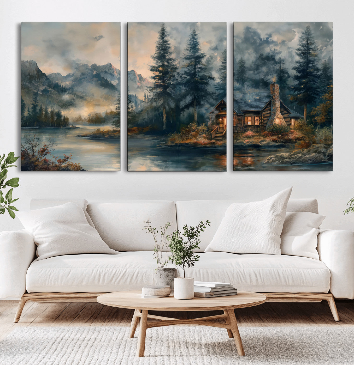 MGV-CV-60X30-3P - Rustic Cabin Woods Wall Art Print | Lake in a Forest Canvas Print | Cabin, Lodge, and Farmhouse