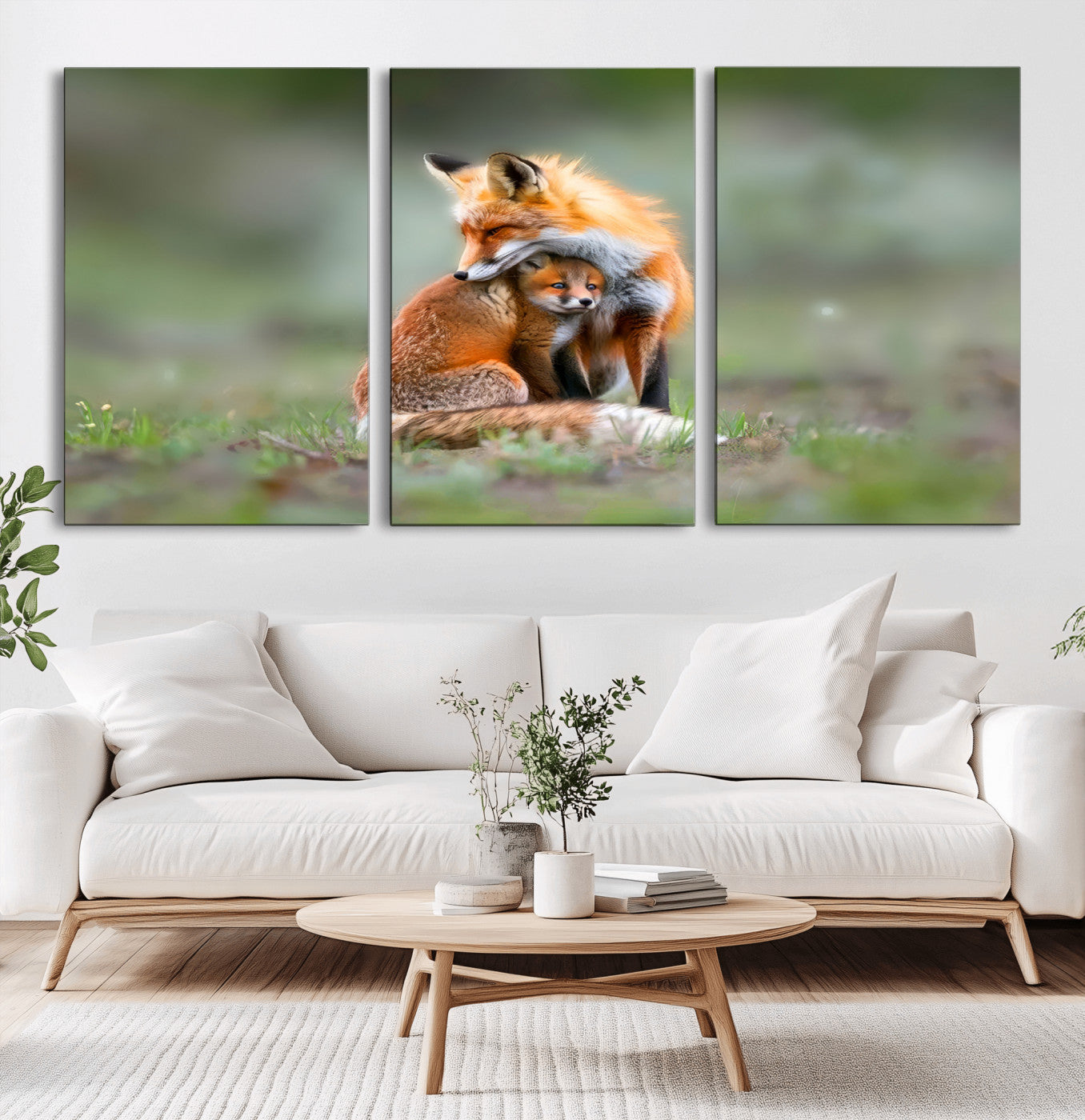 MGV-CV-60X30-3P - Heartwarming Fox and Baby Cub Wall Art | Ready to Hang Canvas Print of Foxes in Nature | Perfect for
