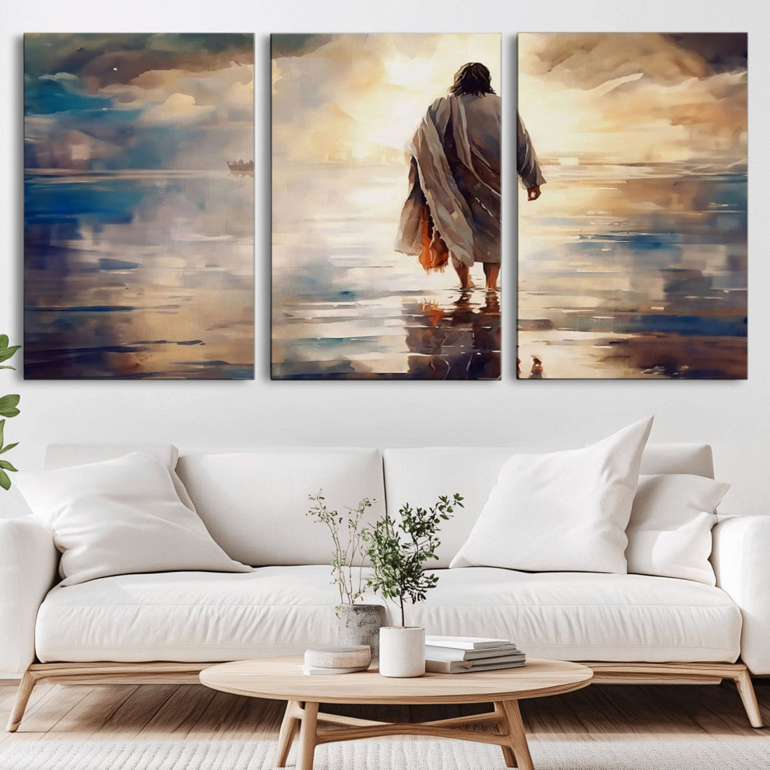 Jesus Walking on Water Wall Art | Ready to Hang Spiritual Triptych Canvas Print