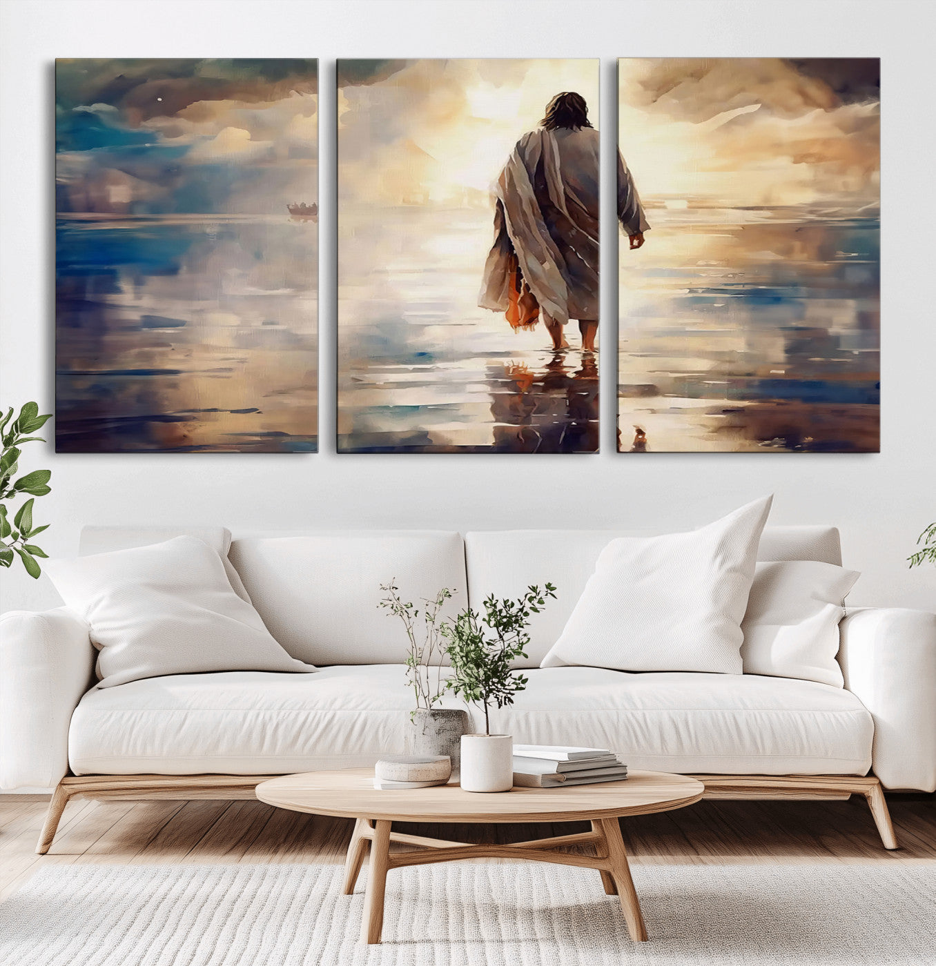 MGV-CV-60X30-3P - Jesus Walking on Water Wall Art | Ready to Hang Spiritual Triptych Canvas Print | Inspirational