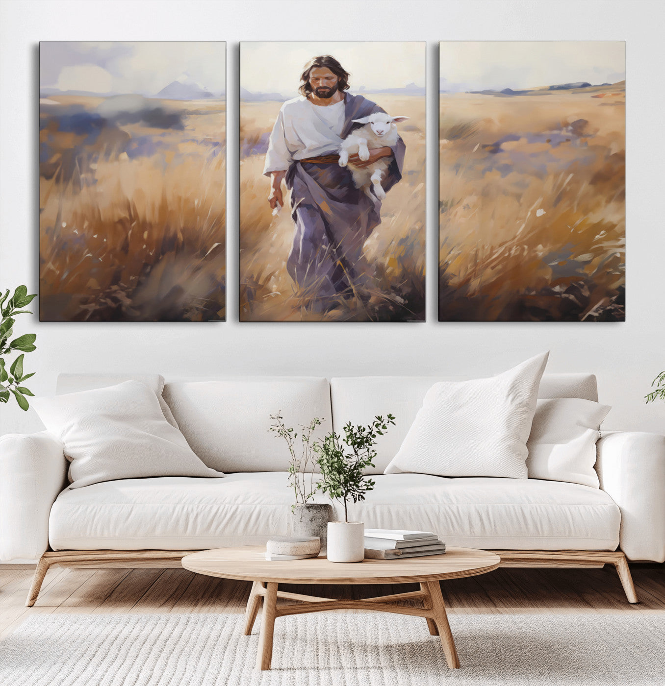 MGV-CV-60X30-3P - Jesus the Good Shepherd Wall Art Canvas Print - Lost Lamb Print for Prayer Room Decor