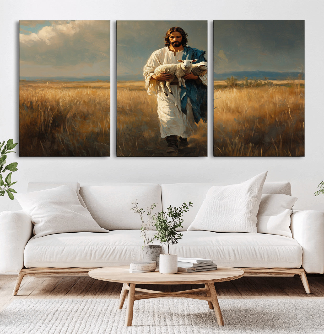 MGV-CV-60X30-3P - Jesus Shepherd Wall Art | Ready to Hang Triptych Canvas of Jesus Holding a Lamb in a Field |