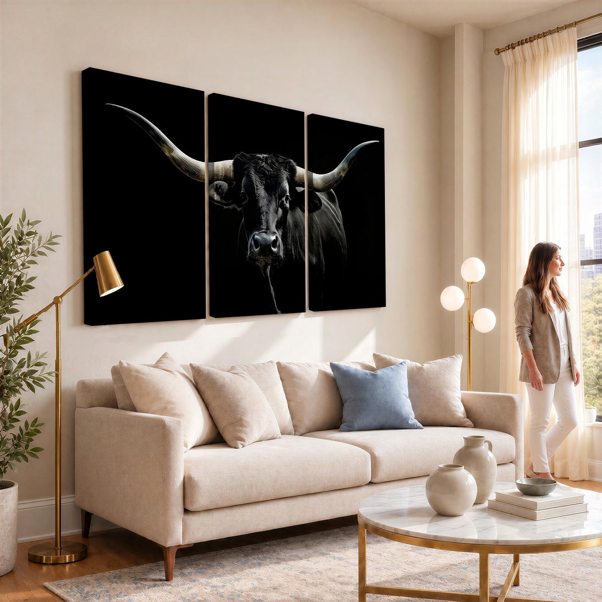 20679-MGV-CV-24X16 - Texas Black Longhorn Bull Wall Art Canvas Print, Western Cattle Rustic Decor