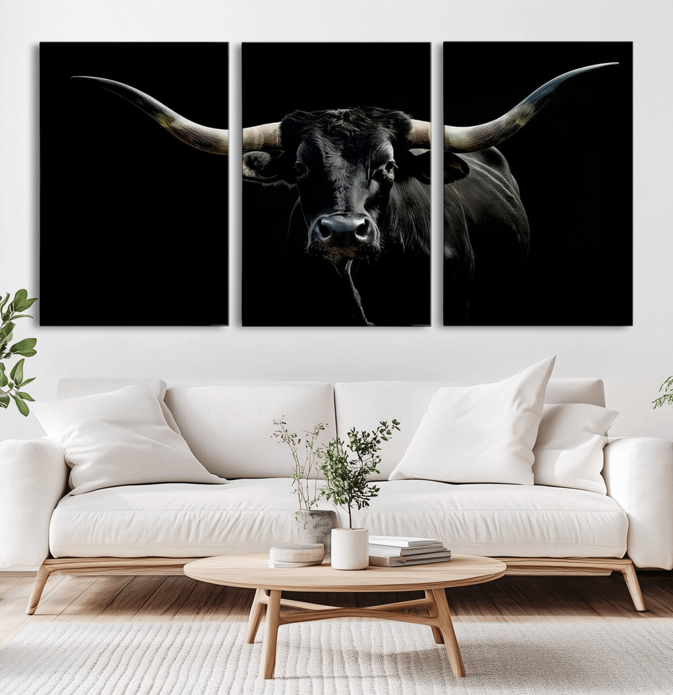 MGV-CV-60X30-3P - Texas Black Longhorn Bull Wall Art Canvas Print - Western Texas Cattle Rustic Decor Print - Longhorn