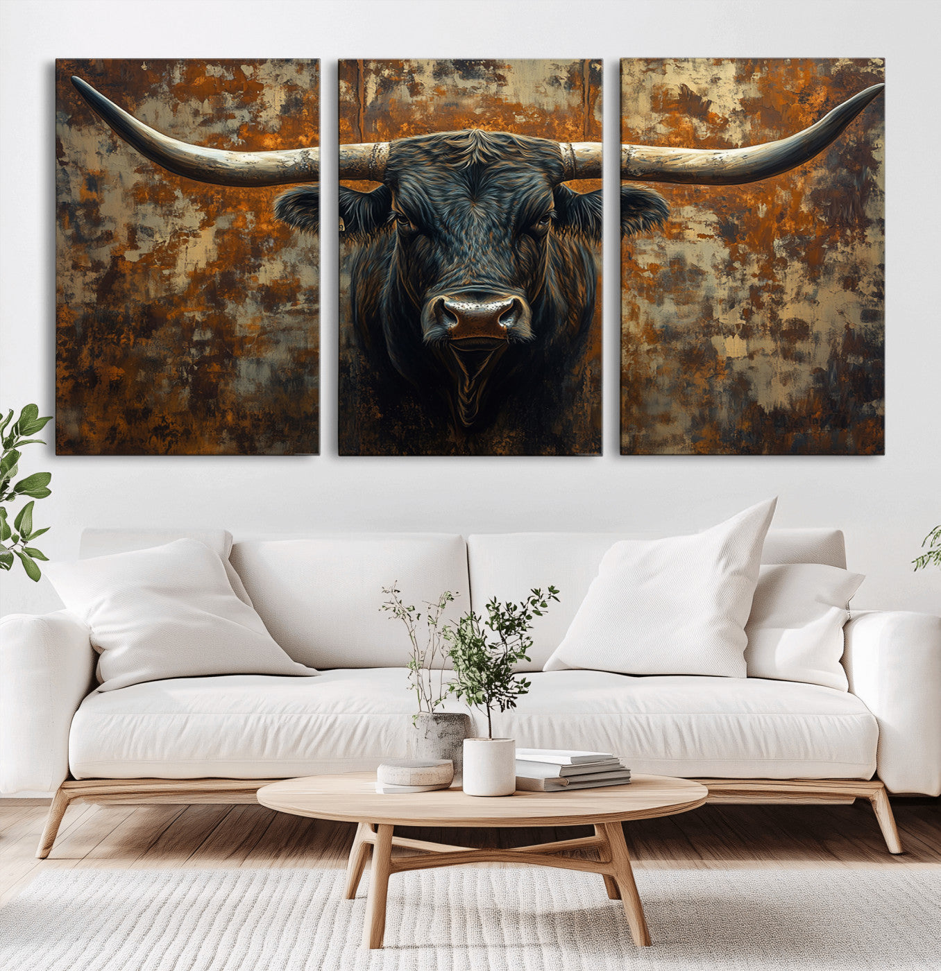 MGV-CV-60X30-3P - Longhorn Texas Cow Bull Wall Art | Rustic Farmhouse Canvas Print | Ready to Hang Barn Decor for