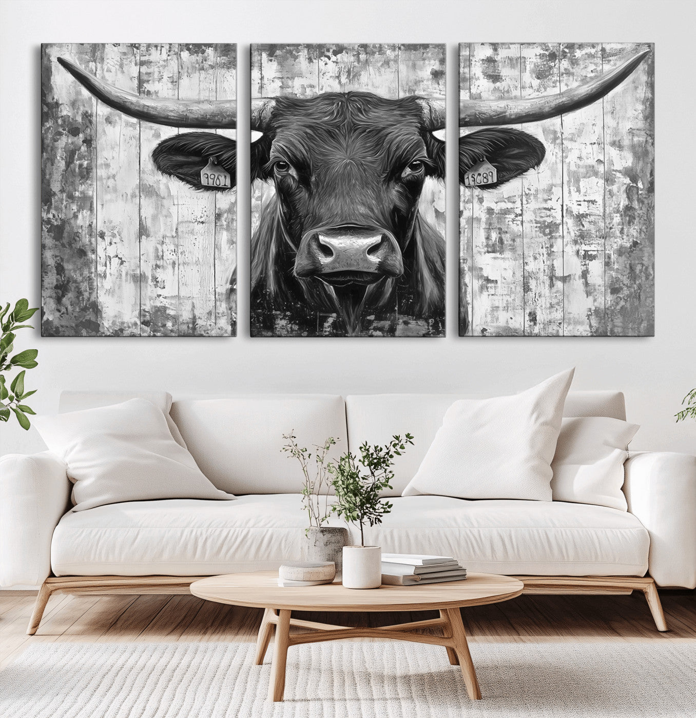 MGV-CV-60X30-3P - Abstract Longhorn Bull Wall Art Canvas Print - Rustic Texas Western Cow Artwork