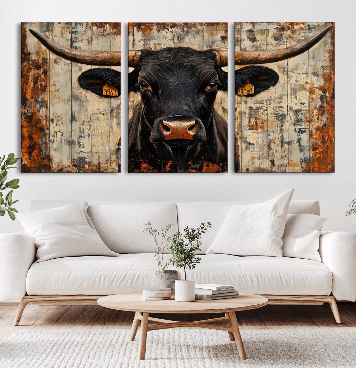 MGV-CV-60X30-3P - Rustic Texas Artwork Wall Art Canvas Print - Abstract Cow Longhorn Bull Wall Art Canvas Print