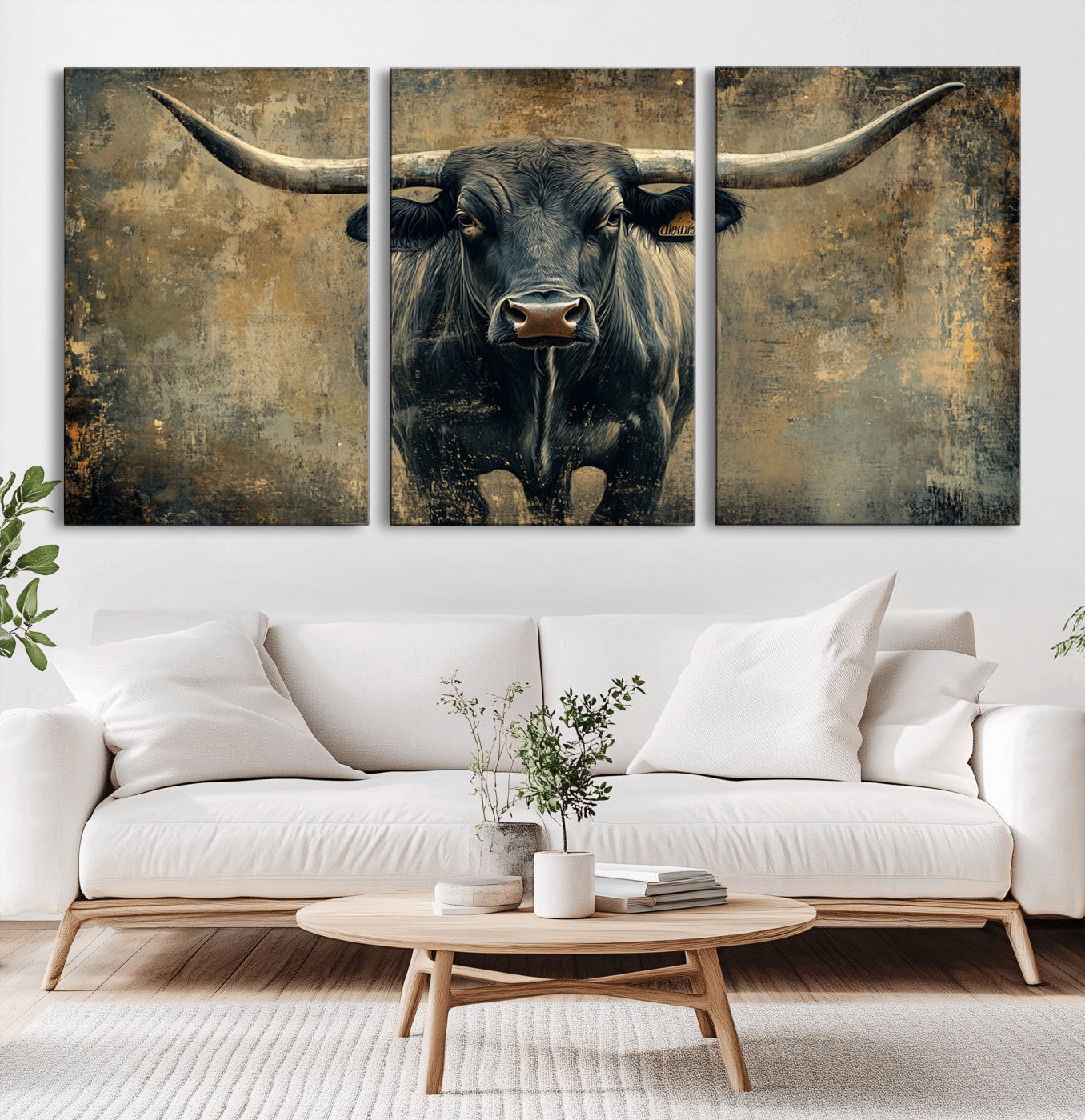MGV-CV-60X30-3P - Longhorn Bull Wall Art Canvas Print, Framed Rustic Cow Art Picture Print, Texas Longhorn Perfect Western Decor Artwork