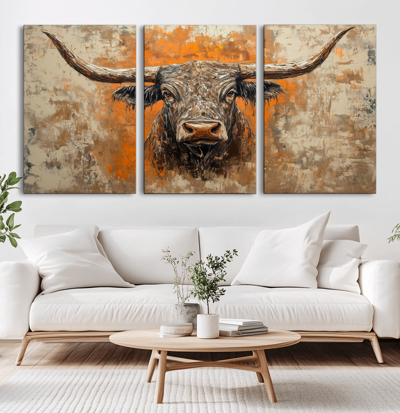 MGV-CV-60X30-3P - Abstract Cow Longhorn Bull Wall Art Canvas Print - Rustic Texas Western Cattle Artwork