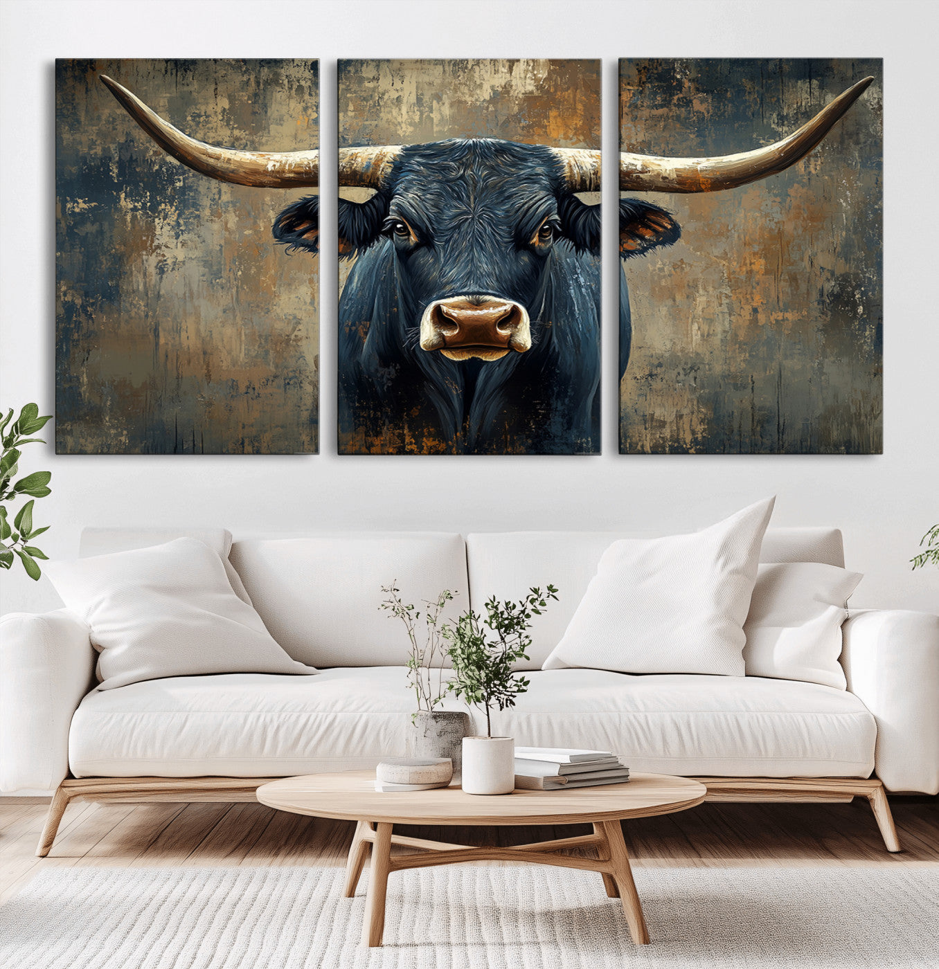 MGV-CV-60X30-3P - Texas Western Wall Art Canvas Print - Abstract Cow Longhorn Bull Wall Art Canvas Print - Rustic Cow