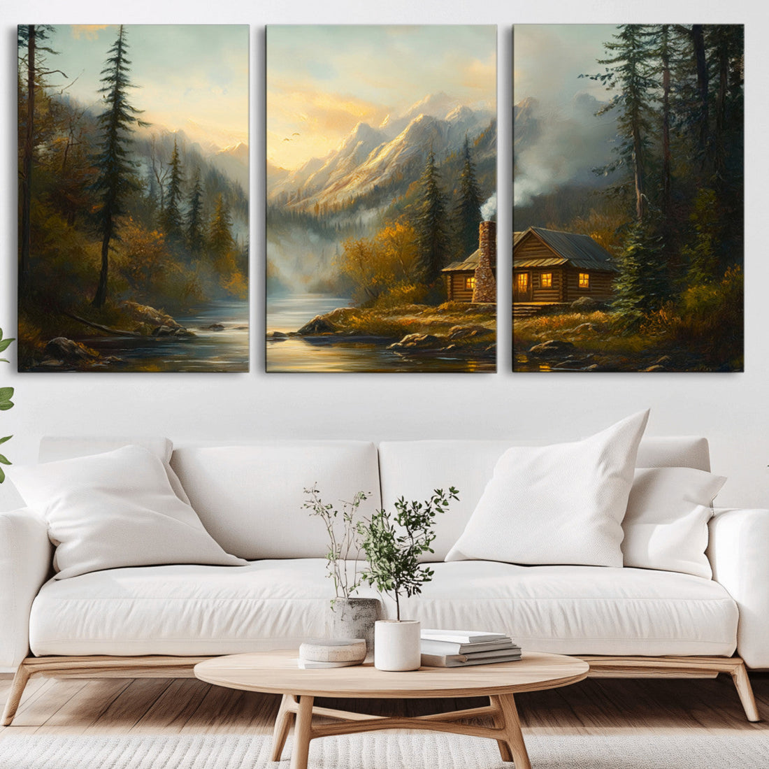 Wood Cabin Retreat Mountain at Sunset Wall Art Print, Serene Forest and River Landscape