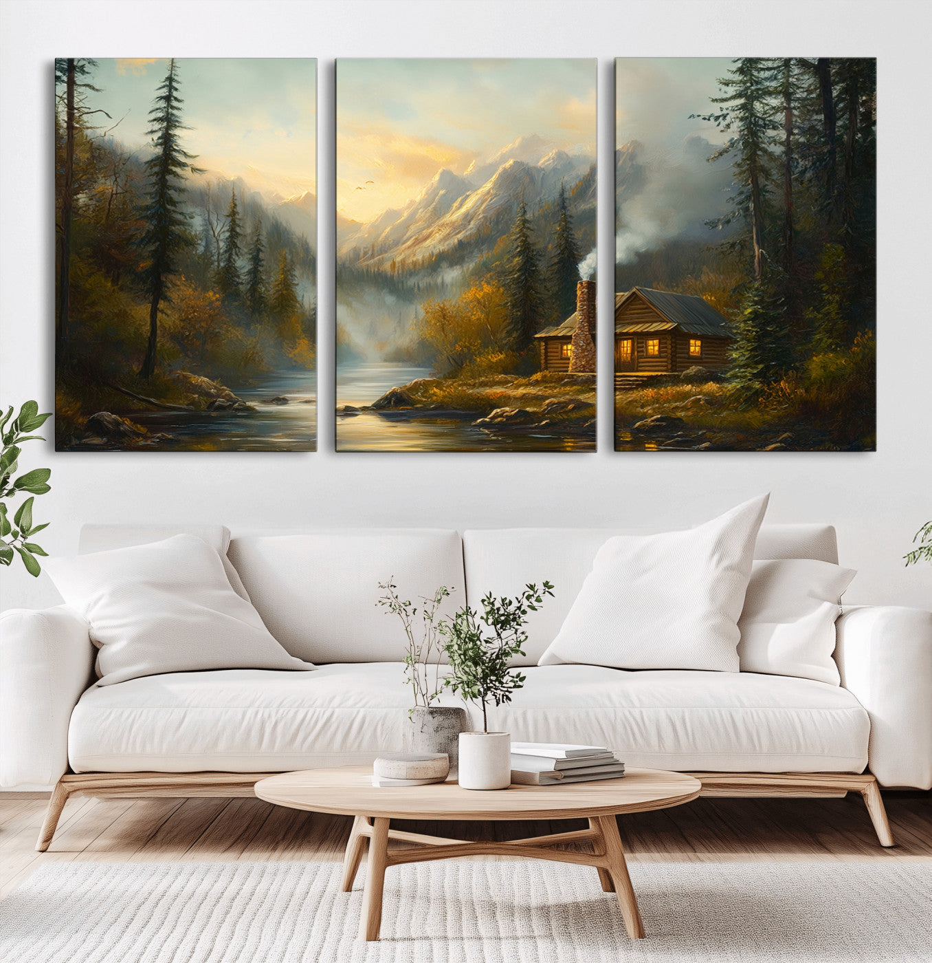 MGV-CV-60X30-3P - Wood Cabin Retreat Mountain at Sunset Wall Art Print - Serene Forest and River Landscape Wall Art